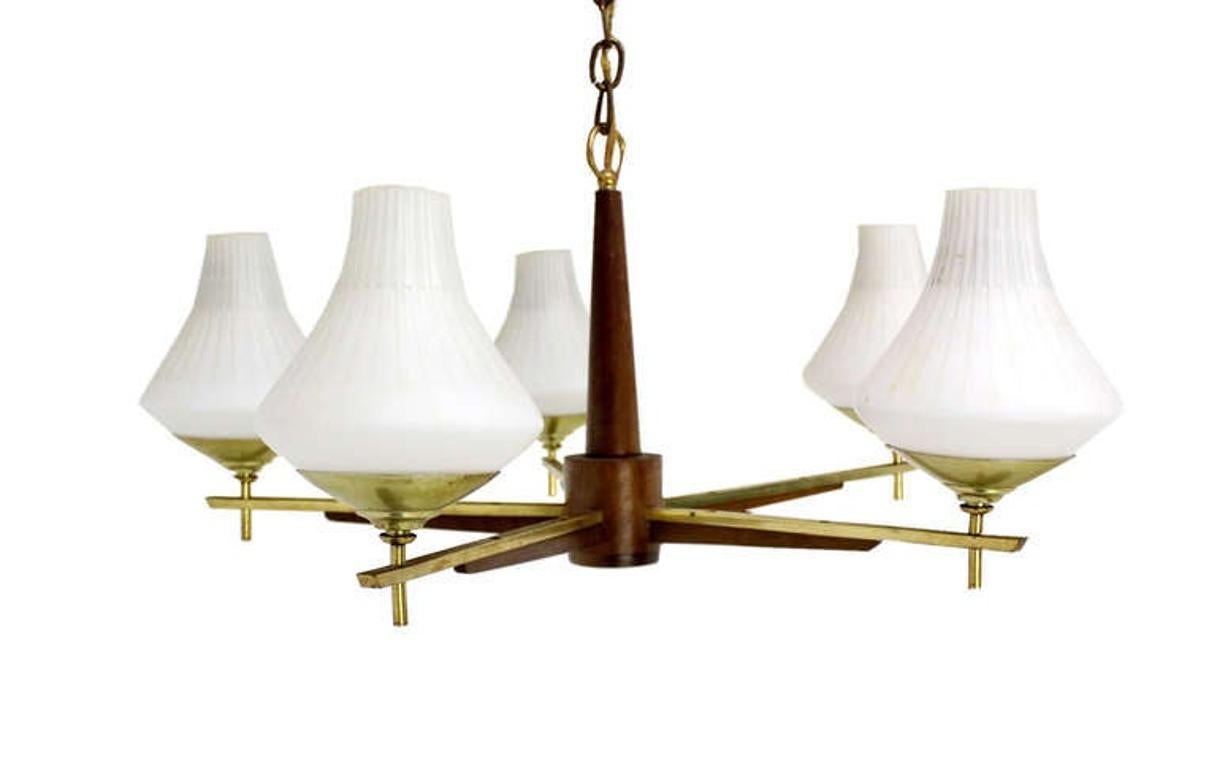 Danish Mid Century Modern Light Fixture Chandelier 5 Frosted Glass Shades MINT! For Sale 2