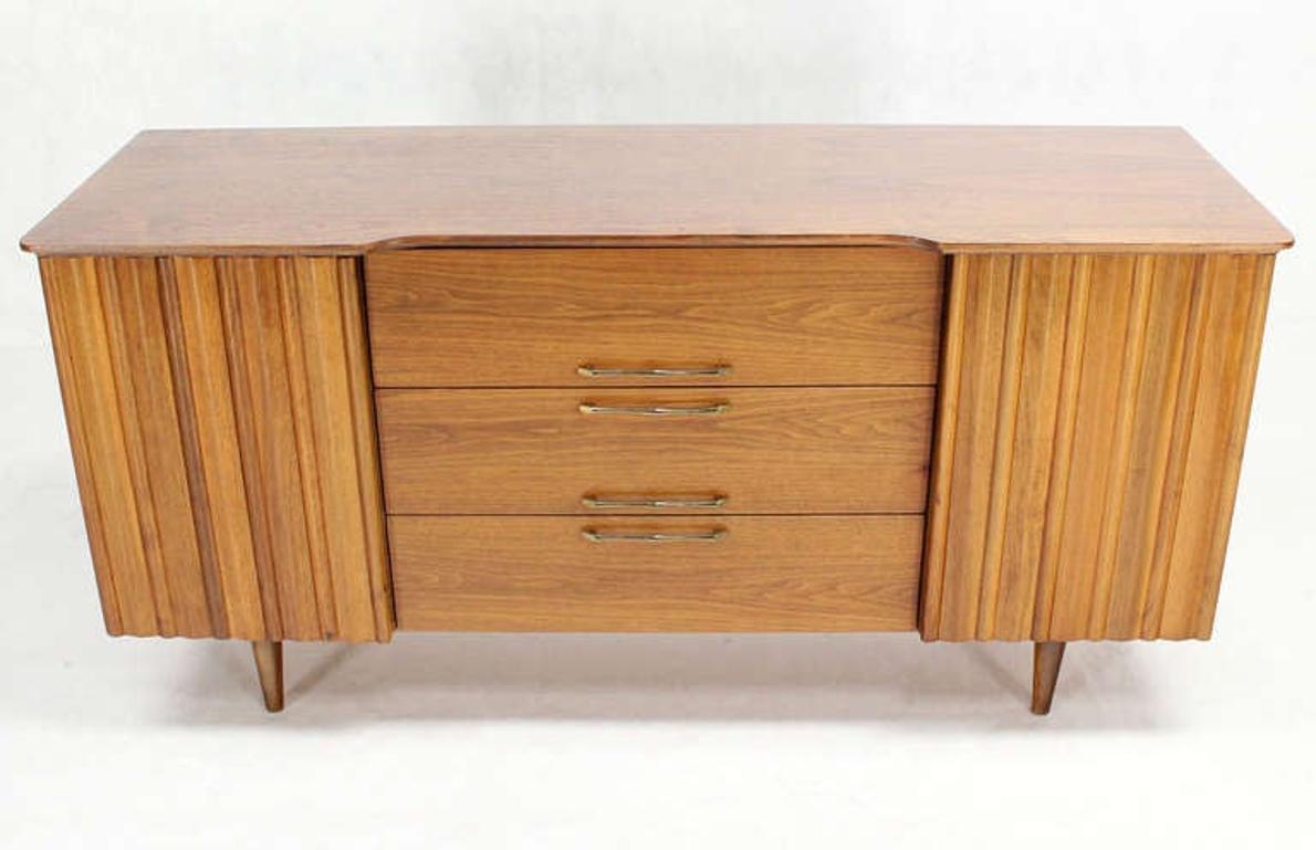 Danish Mid Century Modern Long Walnut Dresser Super Clean 3 Drawers Two Doors In Good Condition For Sale In Rockaway, NJ