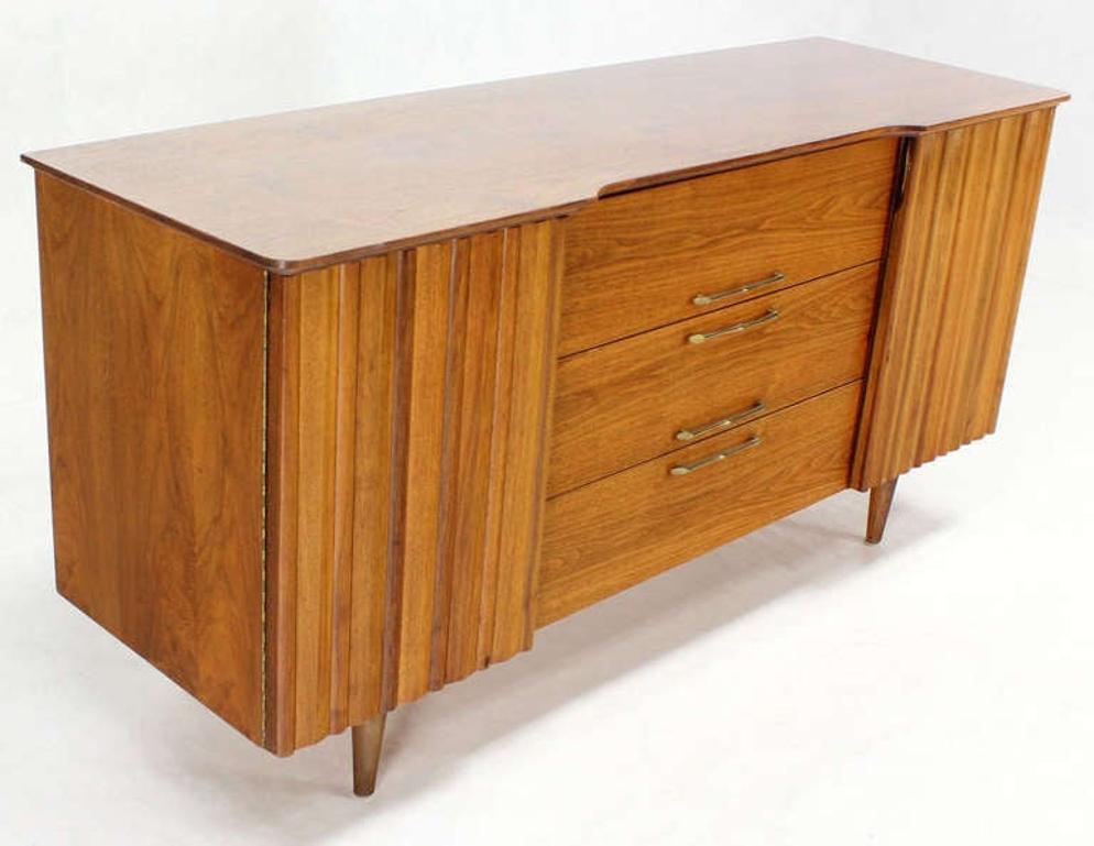 20th Century Danish Mid Century Modern Long Walnut Dresser Super Clean 3 Drawers Two Doors For Sale