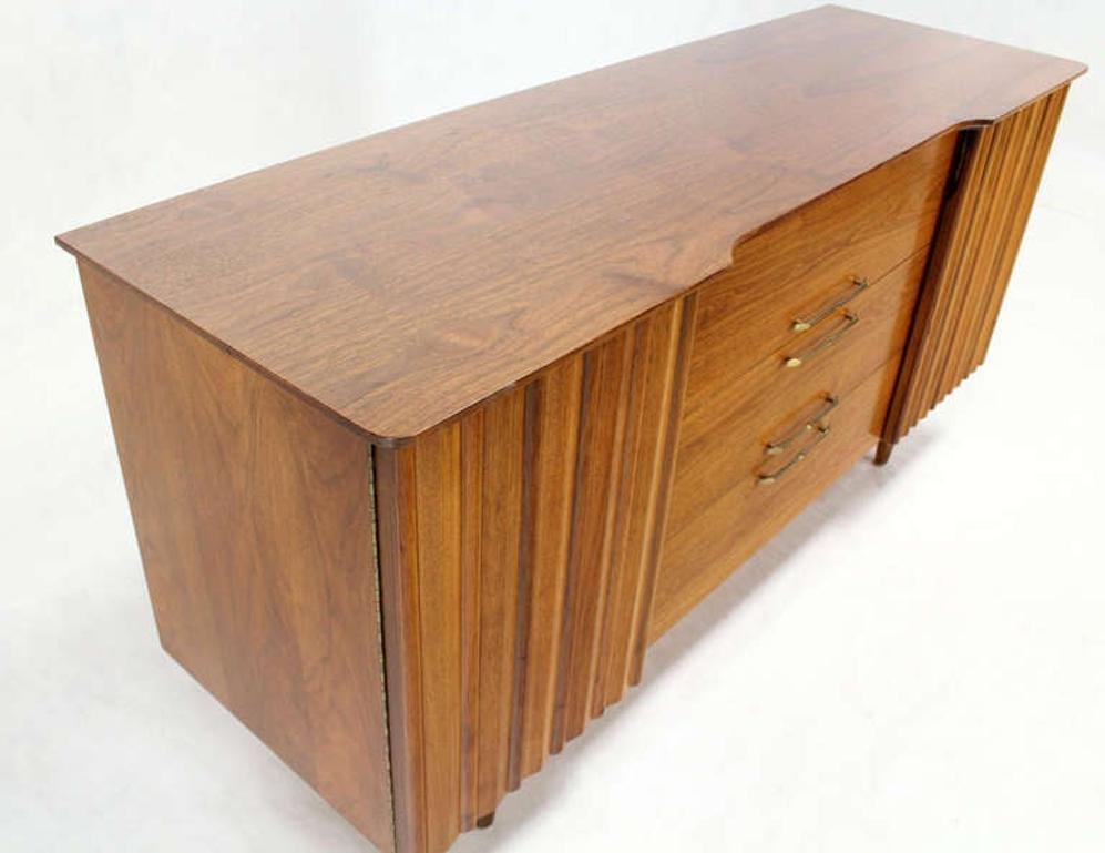 Danish Mid Century Modern Long Walnut Dresser Super Clean 3 Drawers Two Doors For Sale 1