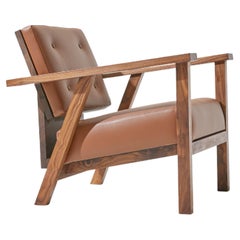 Danish Mid-Century Style Lounge Chair Walnut and Saddle Vinyl by Stille Home