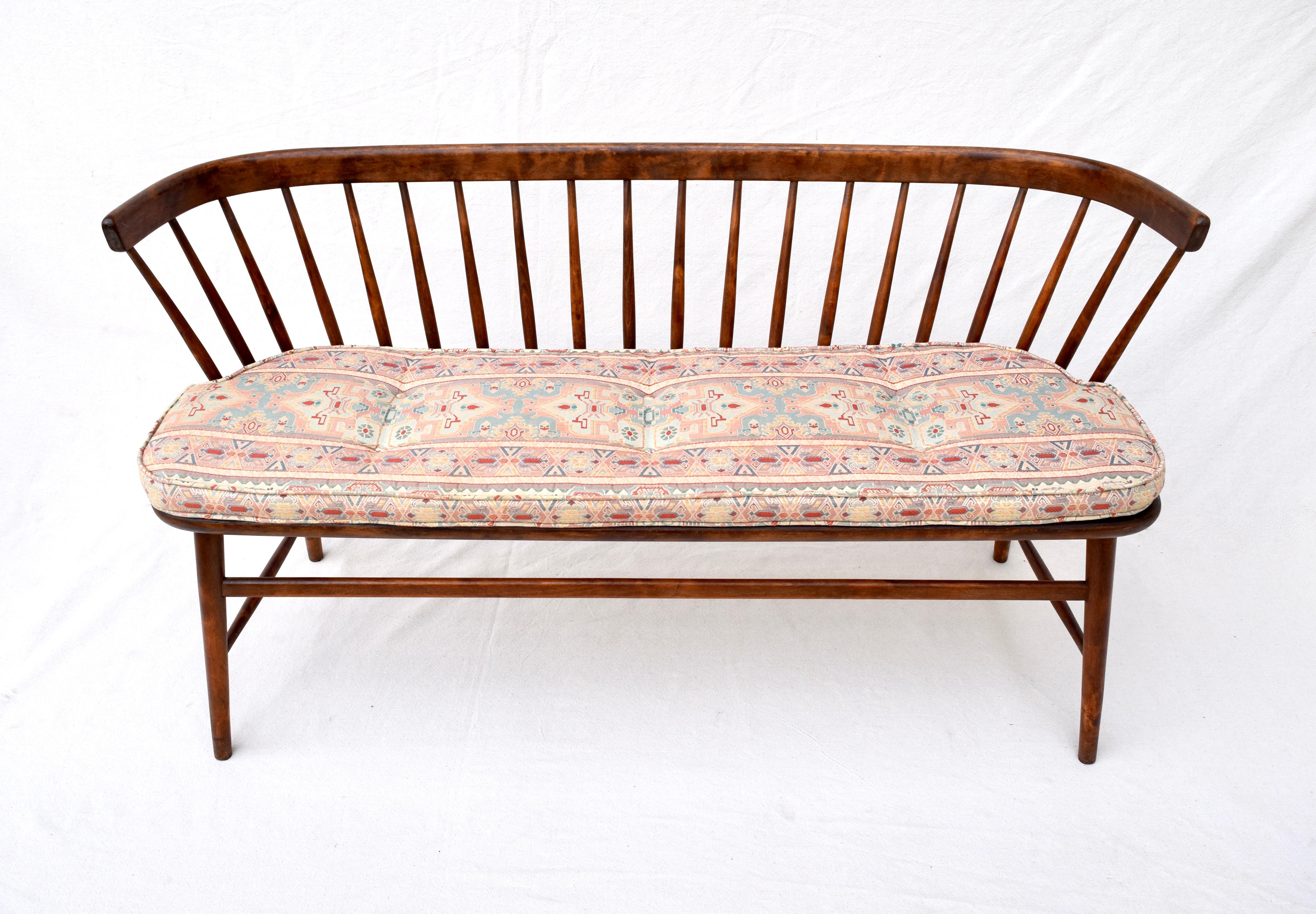 Danish Mid-Century Modern bent walnut back settee bench. All original finish and warm patina with custom silk tufted tapestry style seat cushion. Hans Wegner decor match. Measures: Seat 17