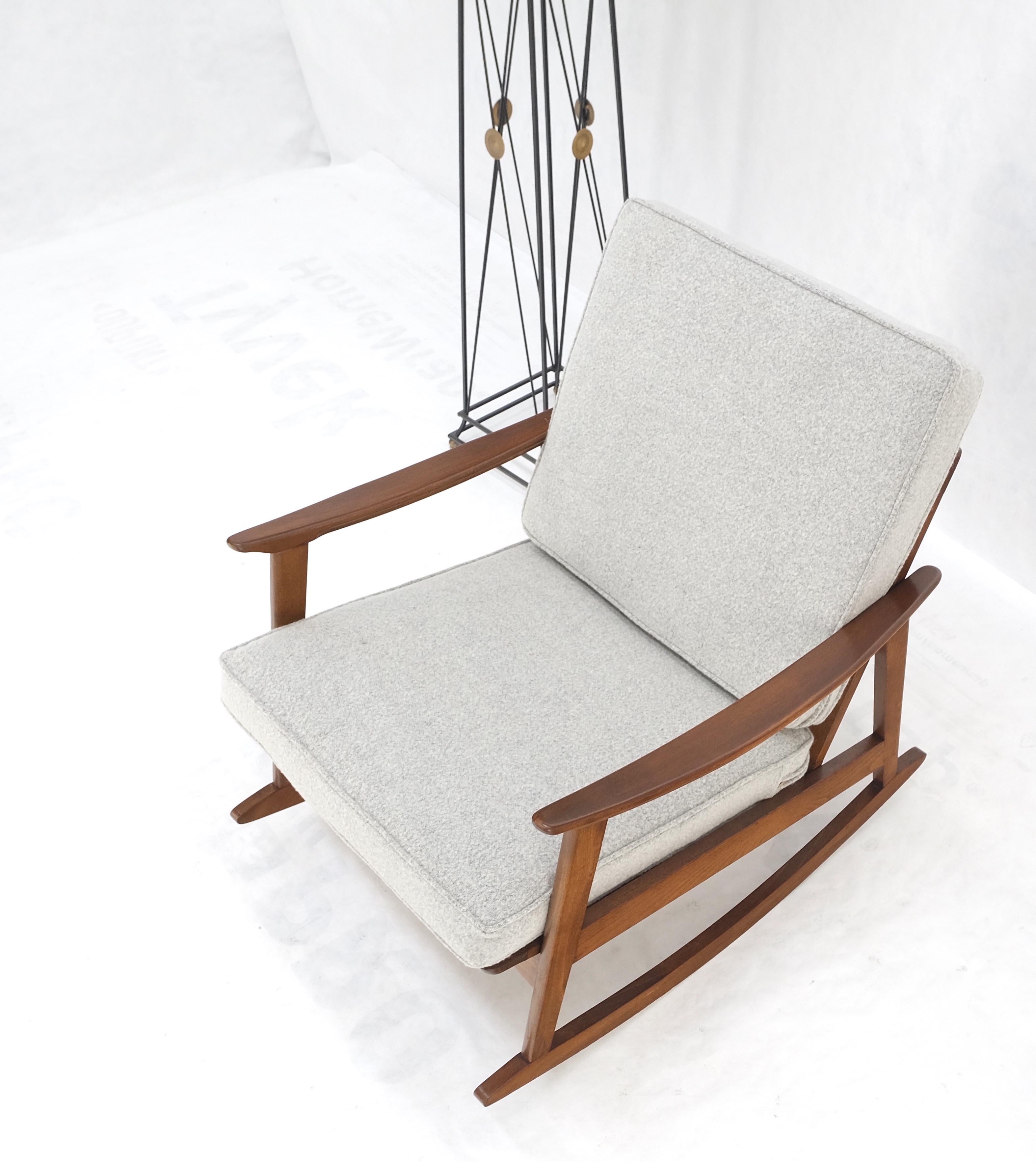 Walnut Danish Mid-Century Modern New Grey Wool Upholstery Rocking Lounge Chair Mint! For Sale