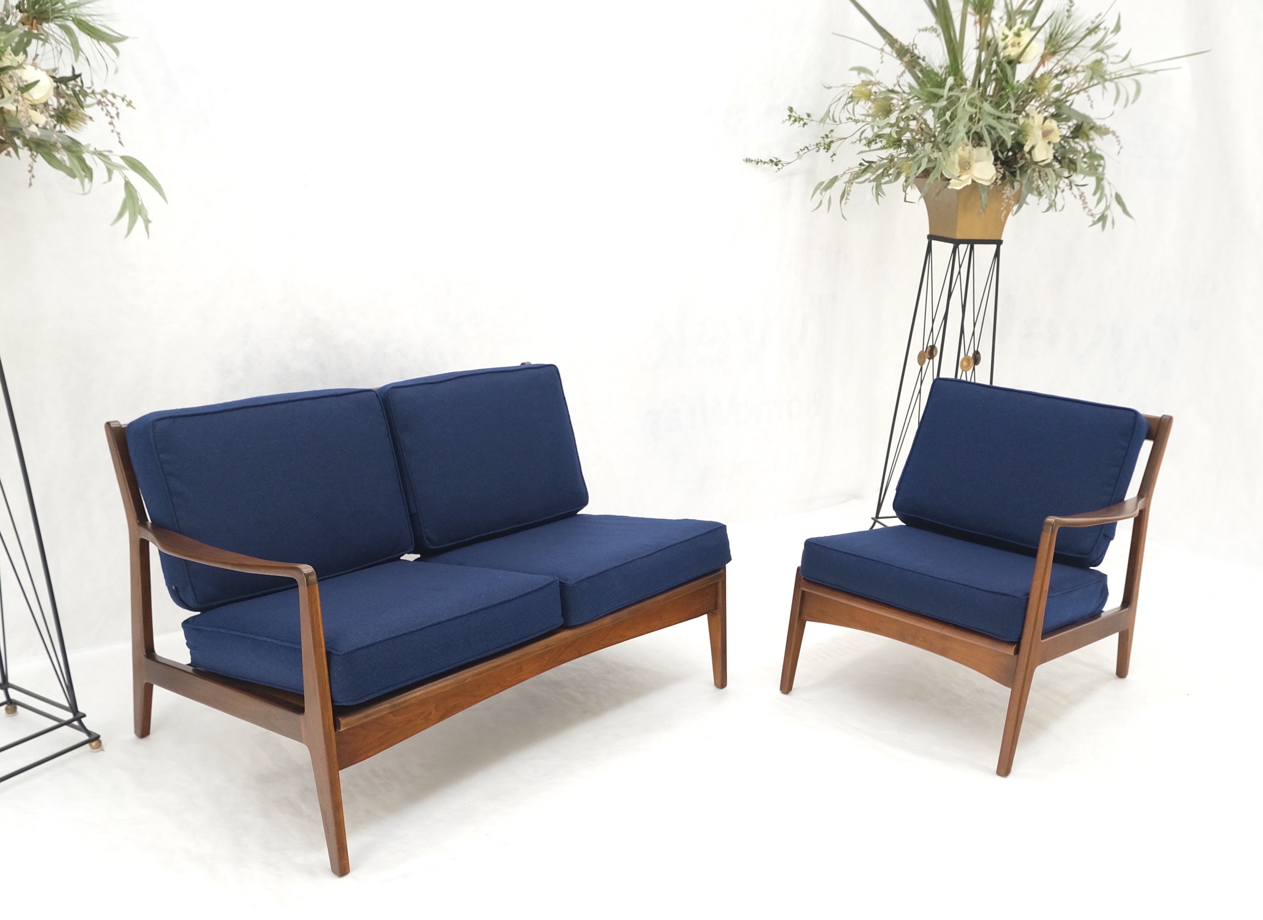 Danish Mid-Century Modern New Upholstery Walnut Frames Sofa & Chair Set Mint! In Good Condition For Sale In Rockaway, NJ