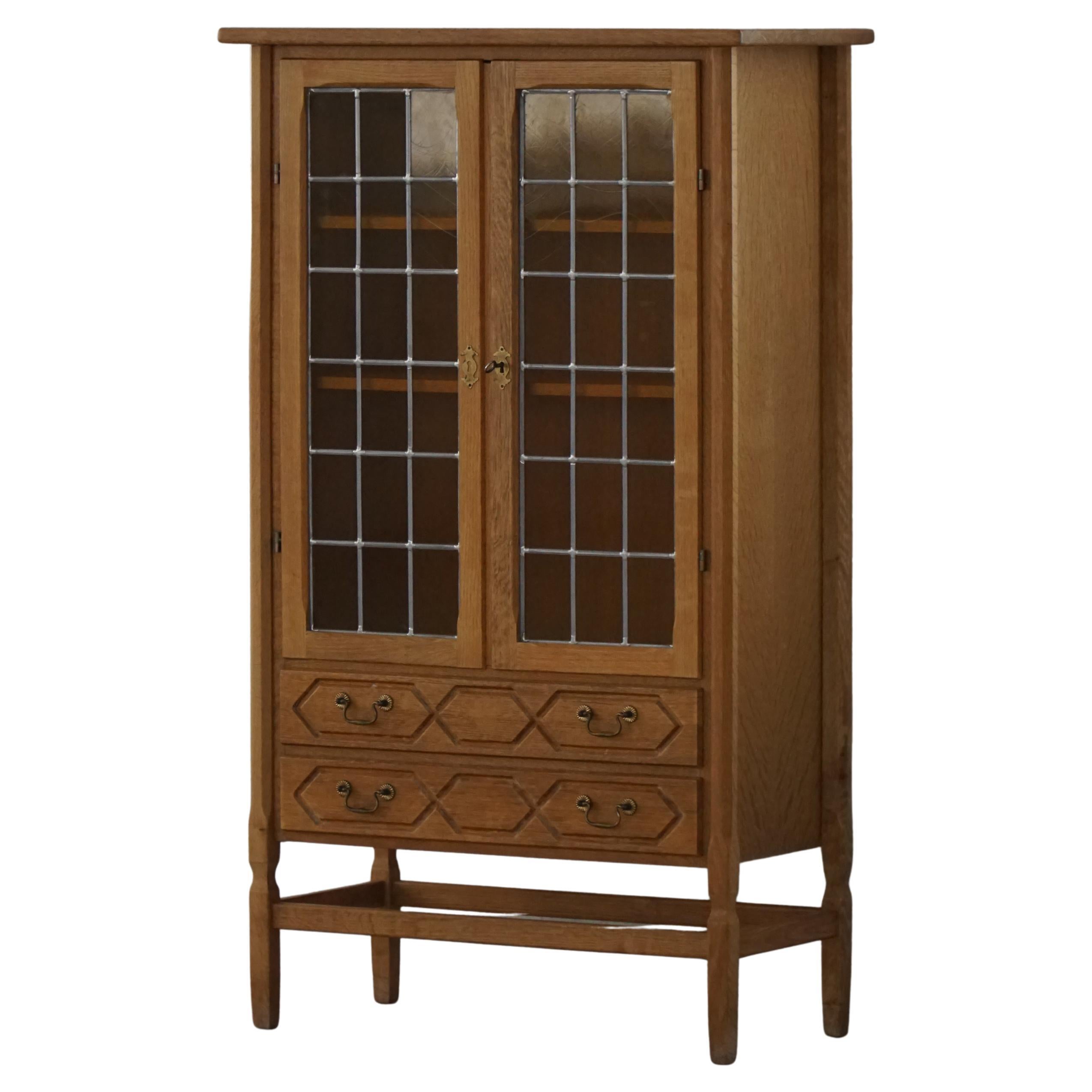 Danish Mid-Century, Modern Oak Display Cabinet with Leaded Glass, 1960s For Sale