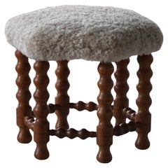 Danish Mid-Century Modern Oak Stool with Hexagonal Seat 
Bobbin Legs, 1950s