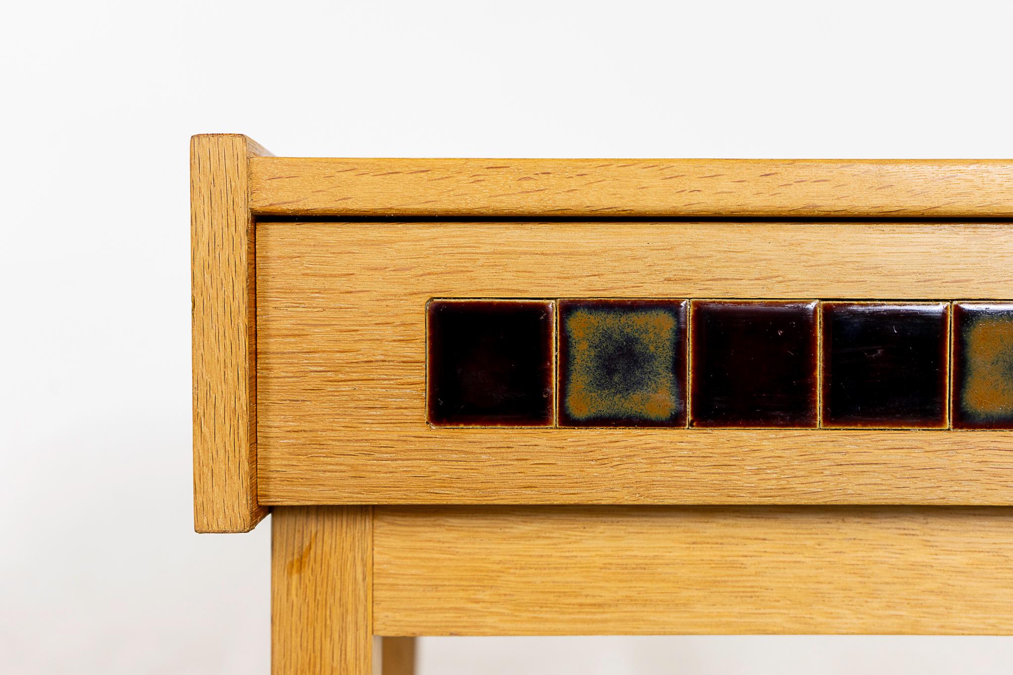 Glazed Danish Mid-Century Modern Oak & Tile Bedside Table For Sale