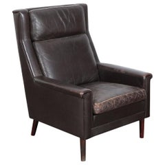 Danish Mid-Century Modern Original Brown Leather Tall Back Chair