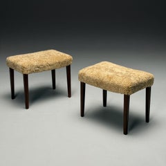 Danish Mid-Century Modern, Ottomans, Honey Shearling, Mahogany, Denmark, 1950s