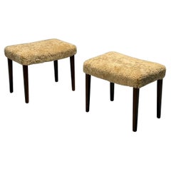 Danish Mid-Century Modern, Ottomans, Honey Shearling, Mahogany, Denmark, 1950s