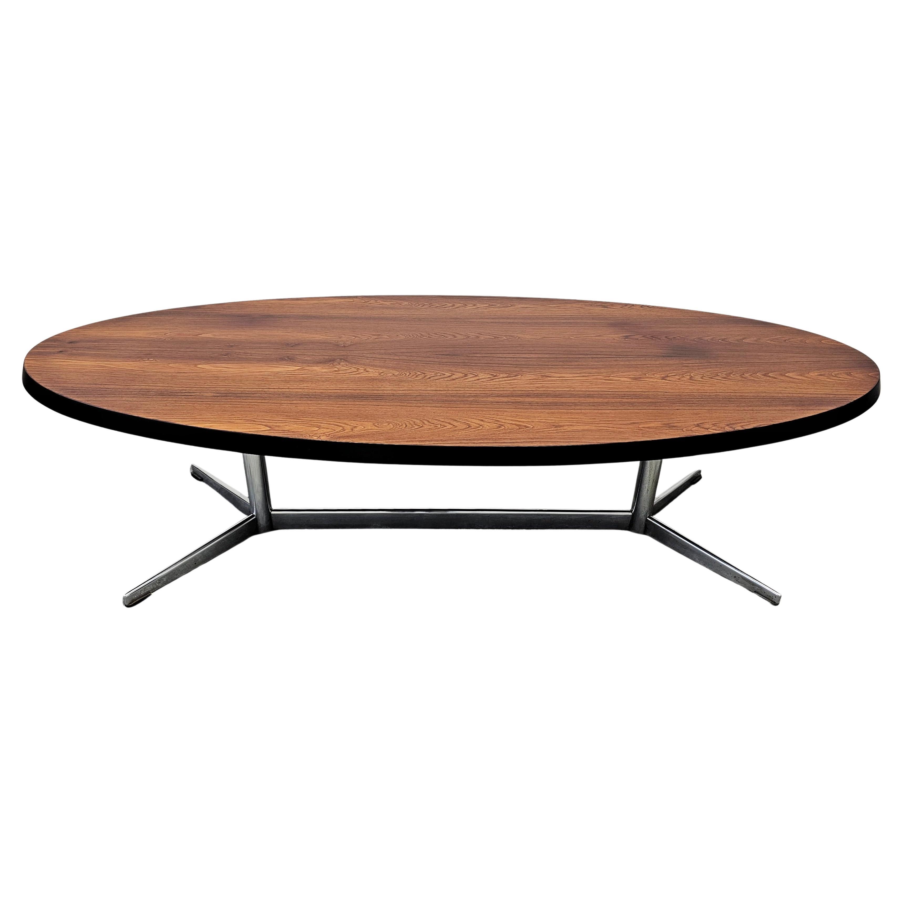 Danish Mid Century Modern Oval Coffee Table with veneer top and chrome legs