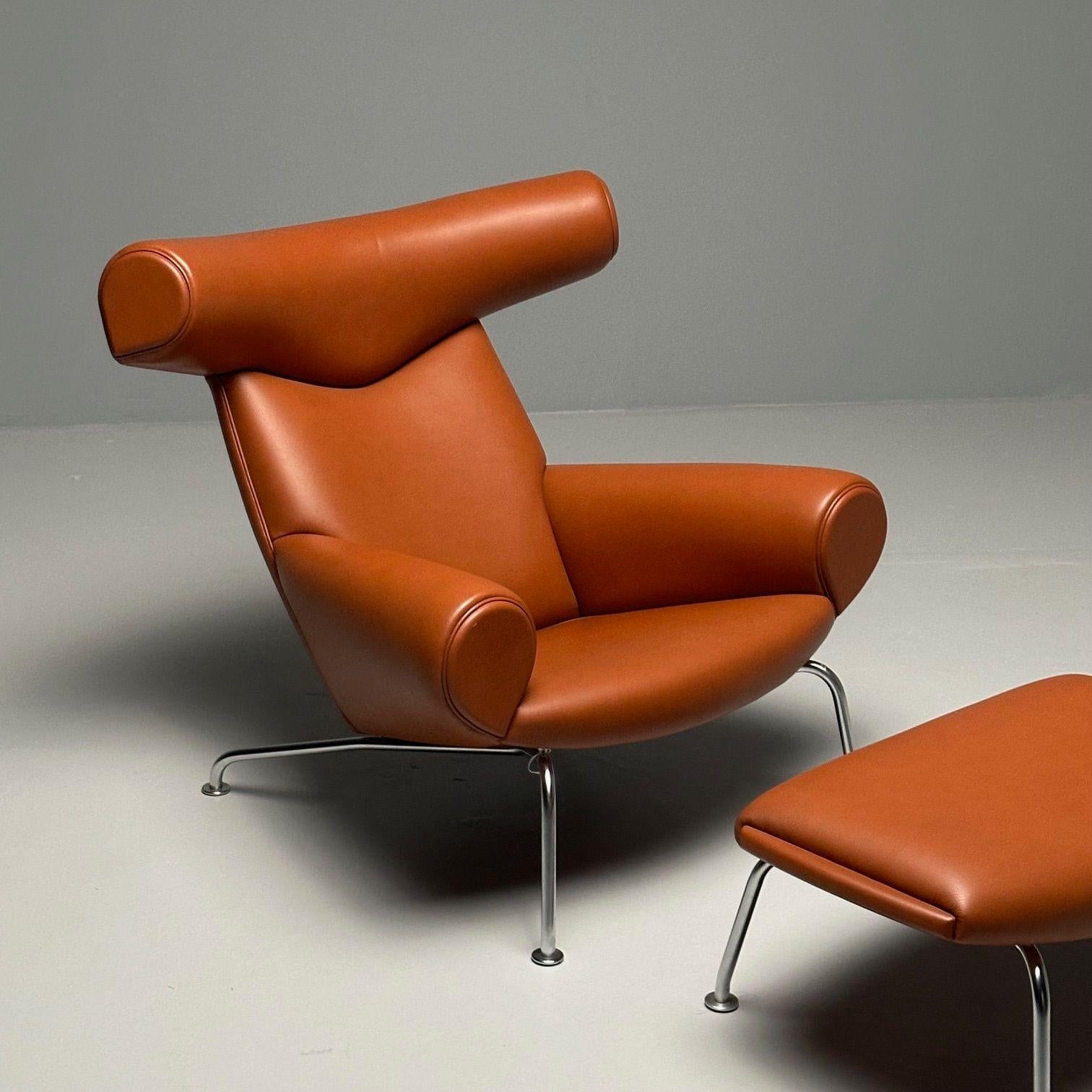 Leather Danish Mid-Century Modern Ox Lounge Chair and Ottoman by Hans Wegner, Jørgensen For Sale