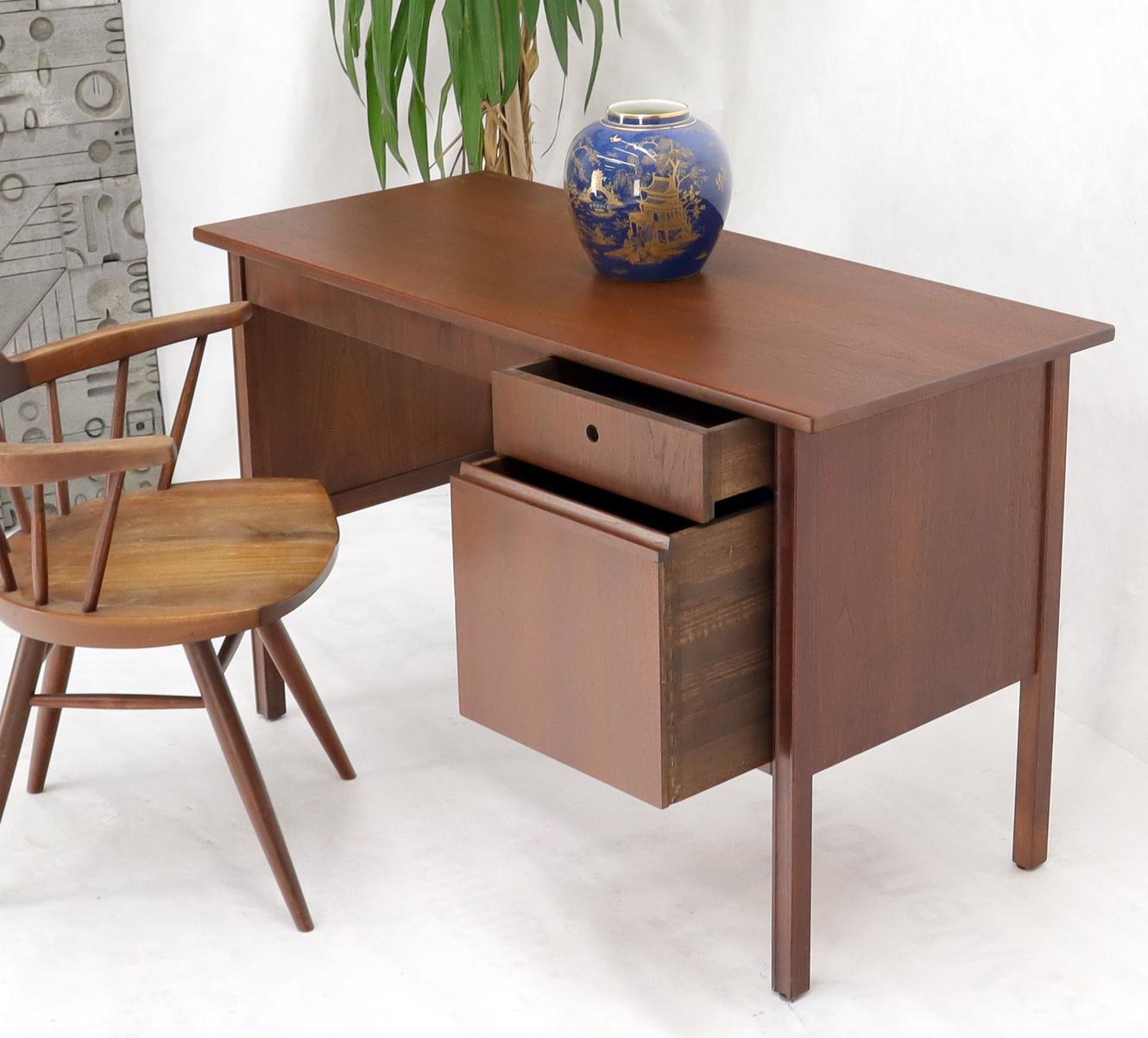 Mid-Century Modern walnut single pedestal two drawers small desk or writing table.