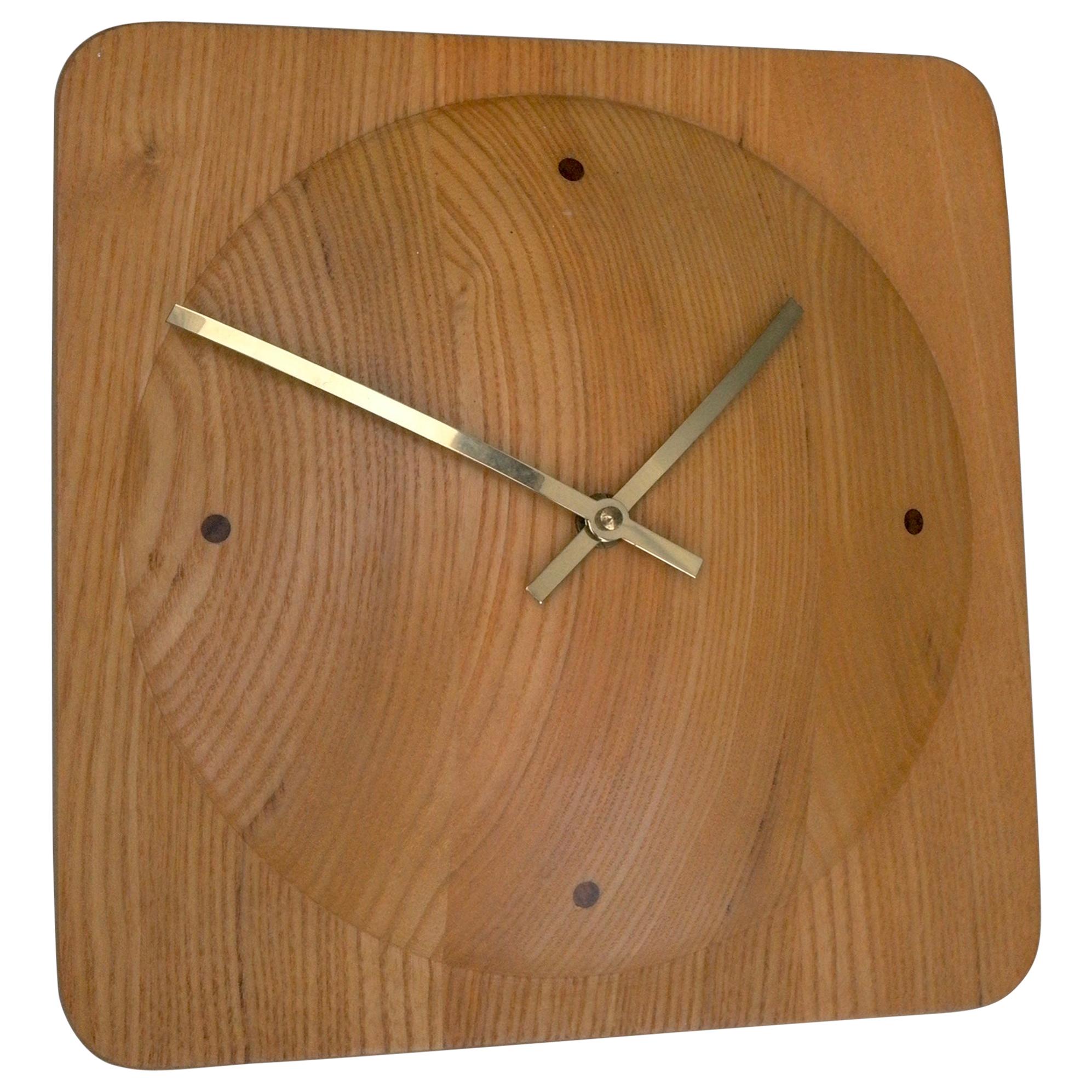 Danish Mid-Century Modern Pine and Brass Wall Clock For Sale