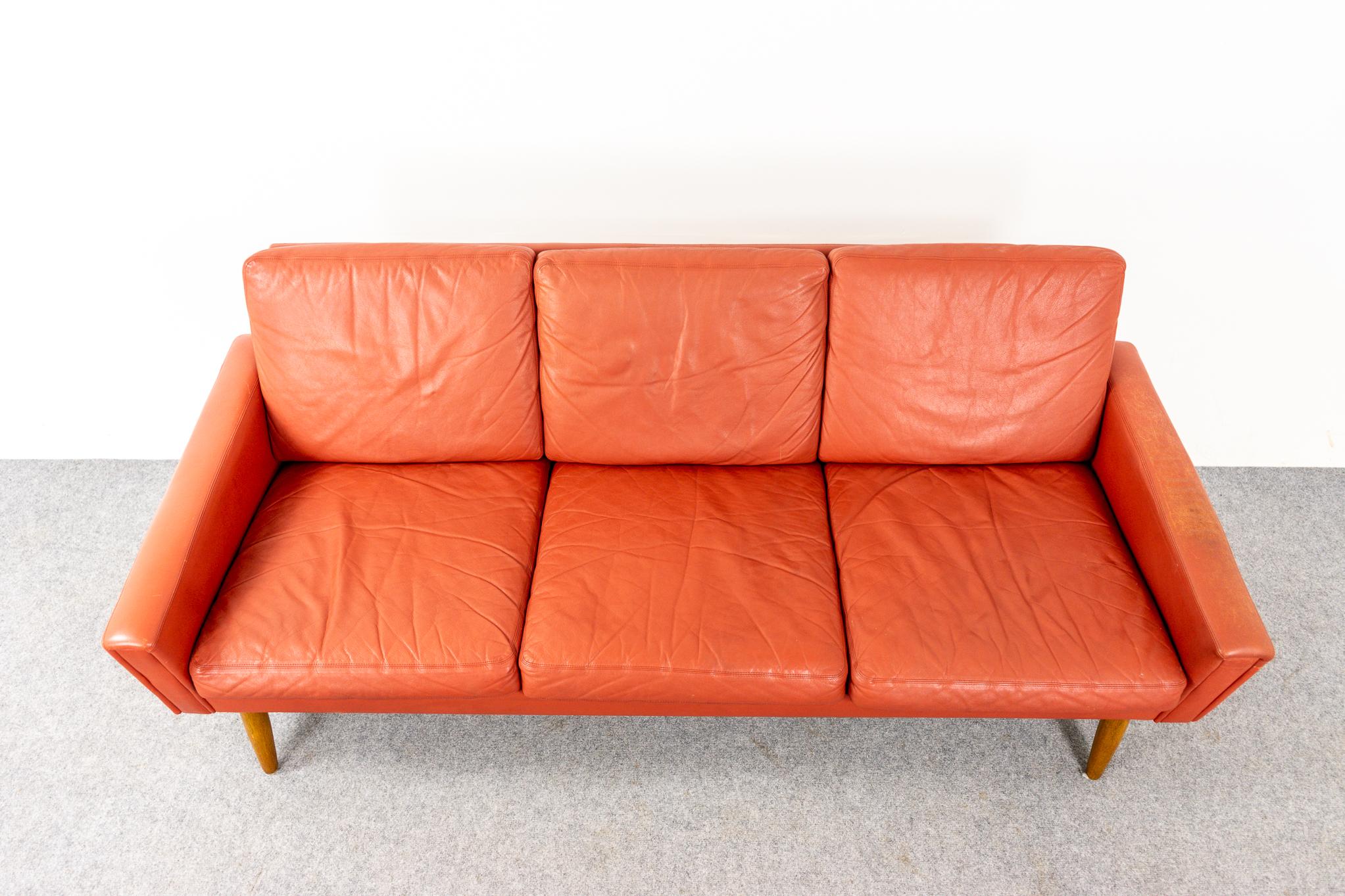 Danish Mid-Century Modern Red Leather Three Seat Sofa with Oak Legs 5