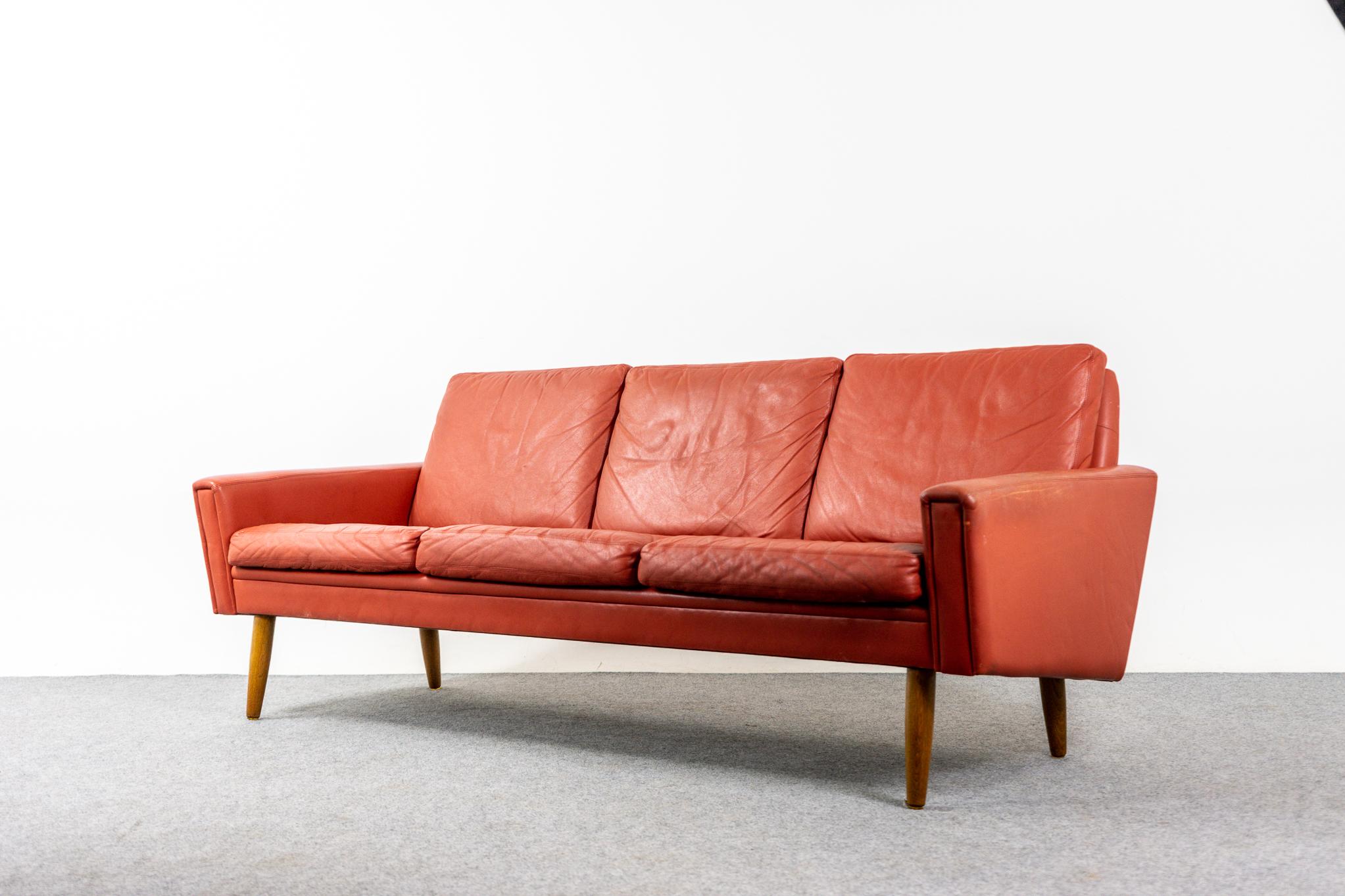 Danish Mid-Century Modern Red Leather Three Seat Sofa with Oak Legs In Good Condition In VANCOUVER, CA