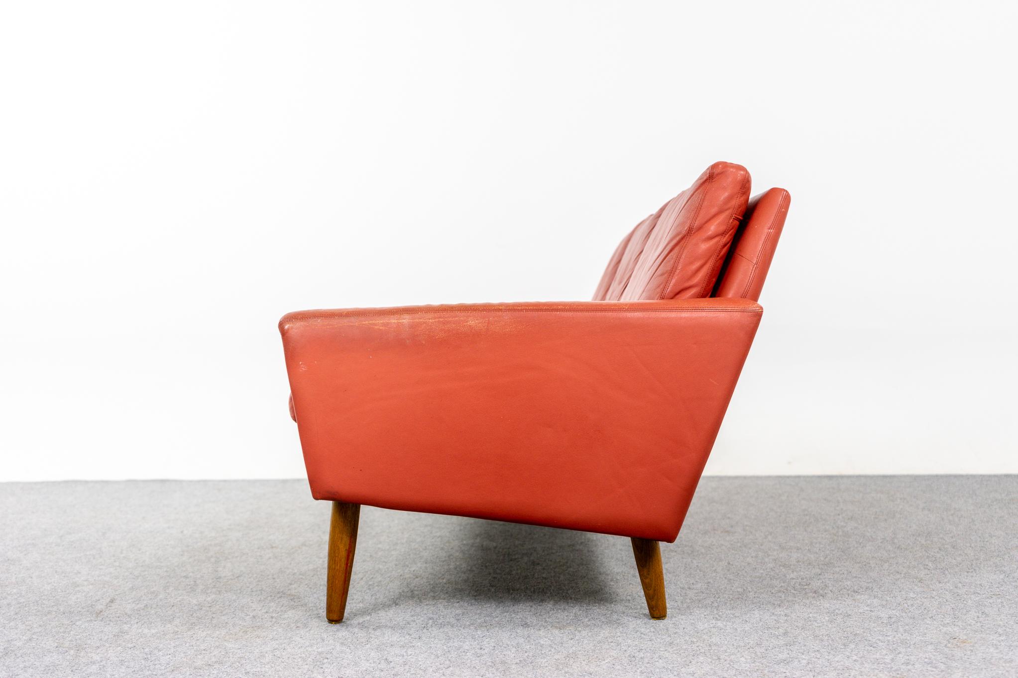 Danish Mid-Century Modern Red Leather Three Seat Sofa with Oak Legs 1
