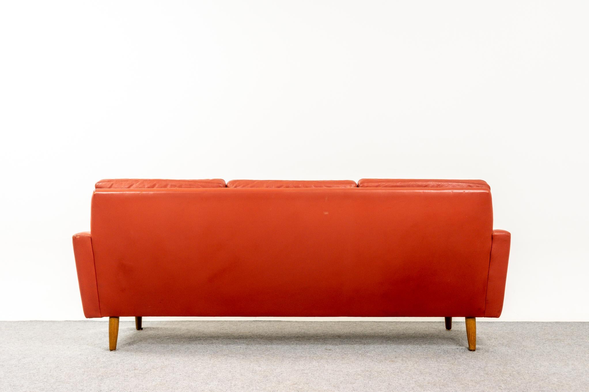 Danish Mid-Century Modern Red Leather Three Seat Sofa with Oak Legs 2