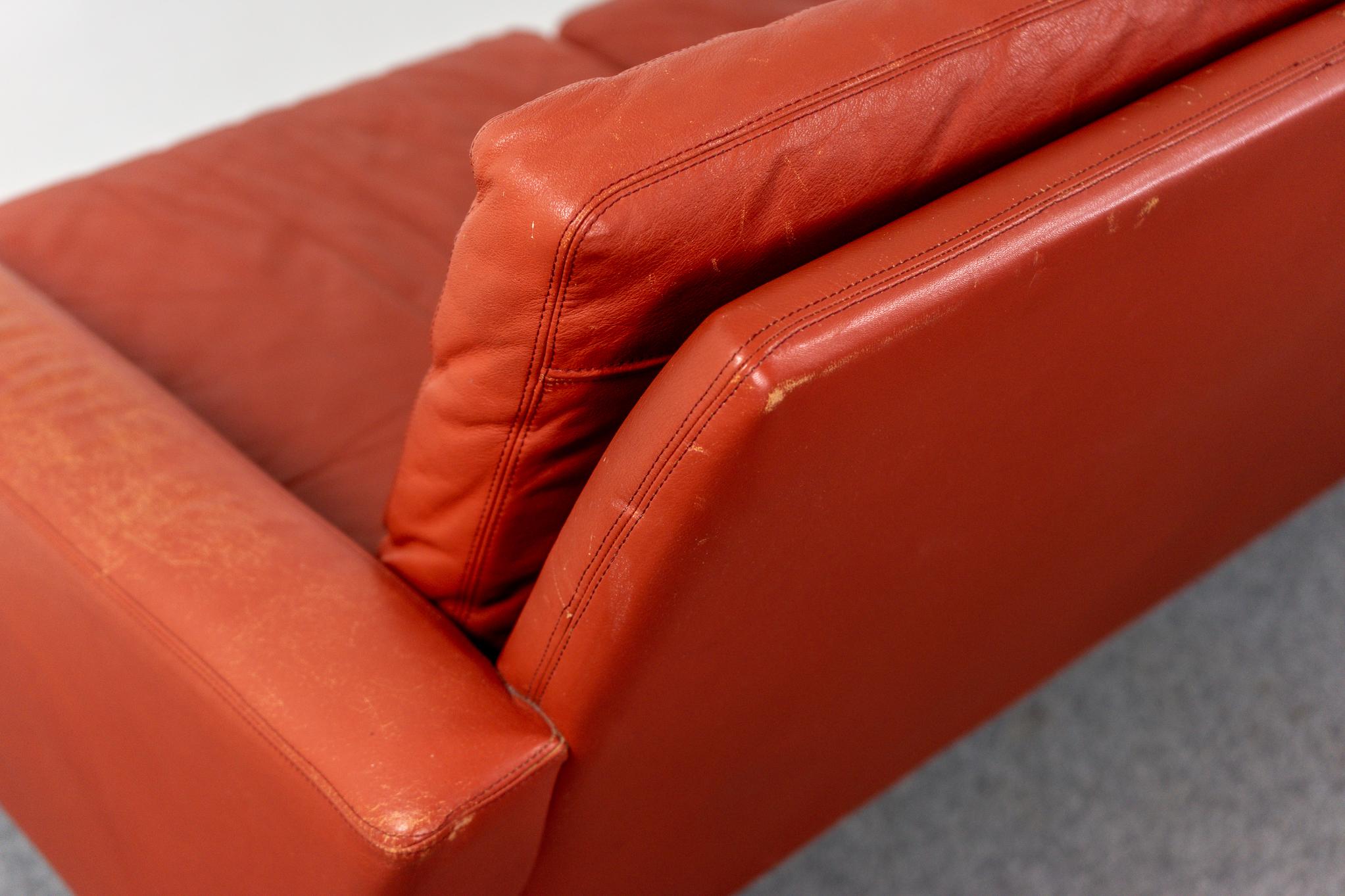 Danish Mid-Century Modern Red Leather Three Seat Sofa with Oak Legs 3