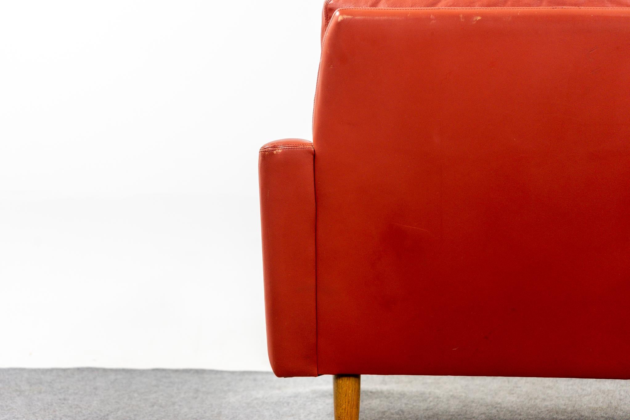 Danish Mid-Century Modern Red Leather Three Seat Sofa with Oak Legs 4