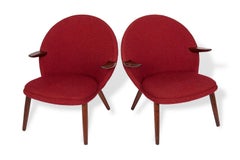 Danish Mid Century Modern Red Upholstery Lounge Chairs by Kurt Olsen, 1960s