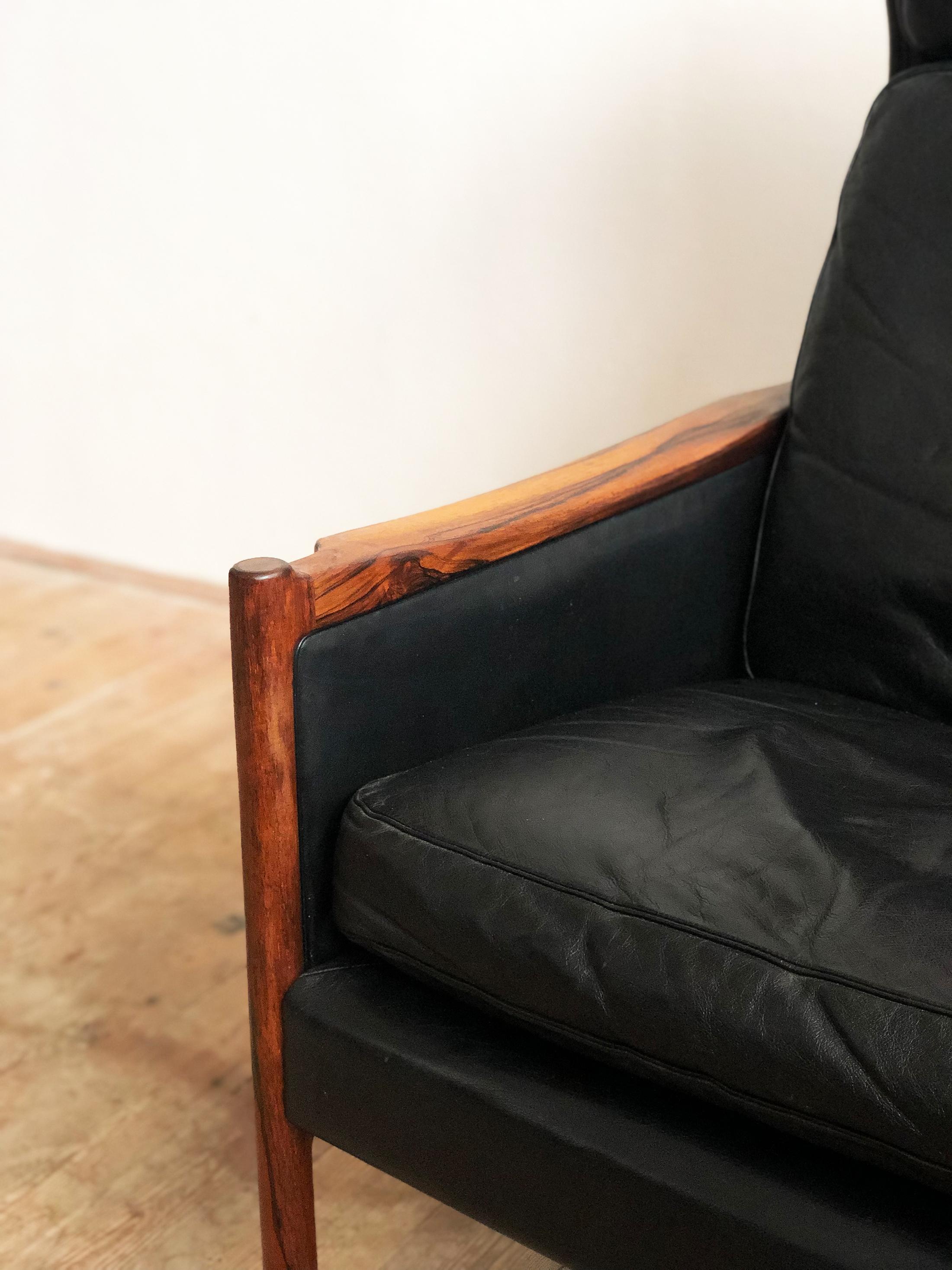 Danish Mid-Century Modern Rosewood and Black Leather Lounge Chair For Sale 7