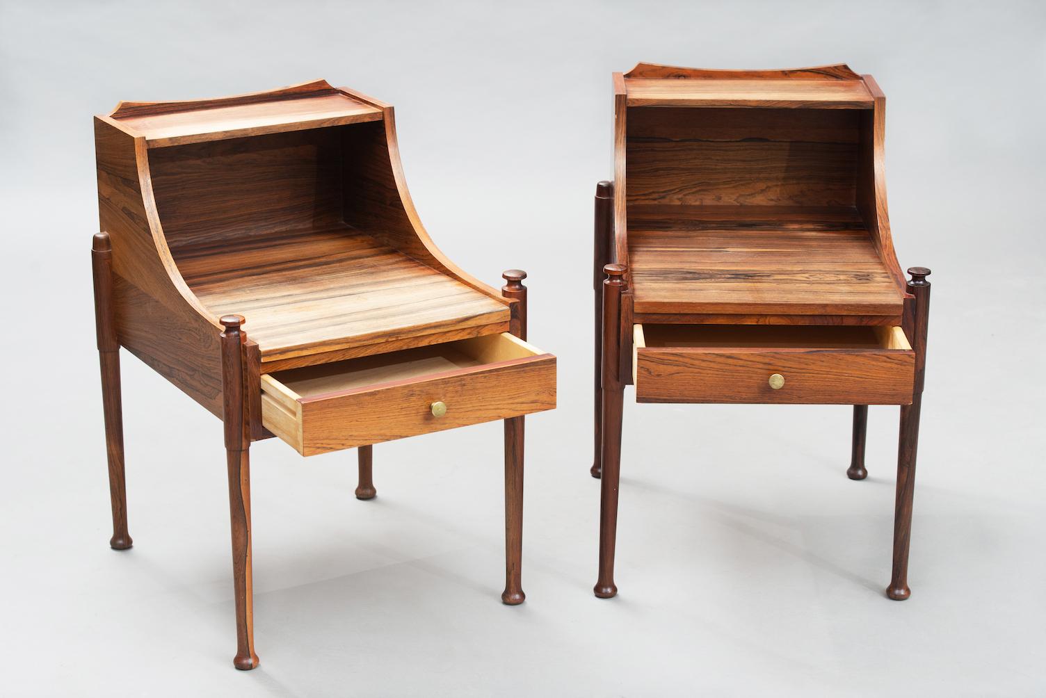 Danish Mid-Century Modern sculptural rosewood bedside tables.
This items are in original condition, can be sold as they are or fully restored, the price shown is in original condition.
 