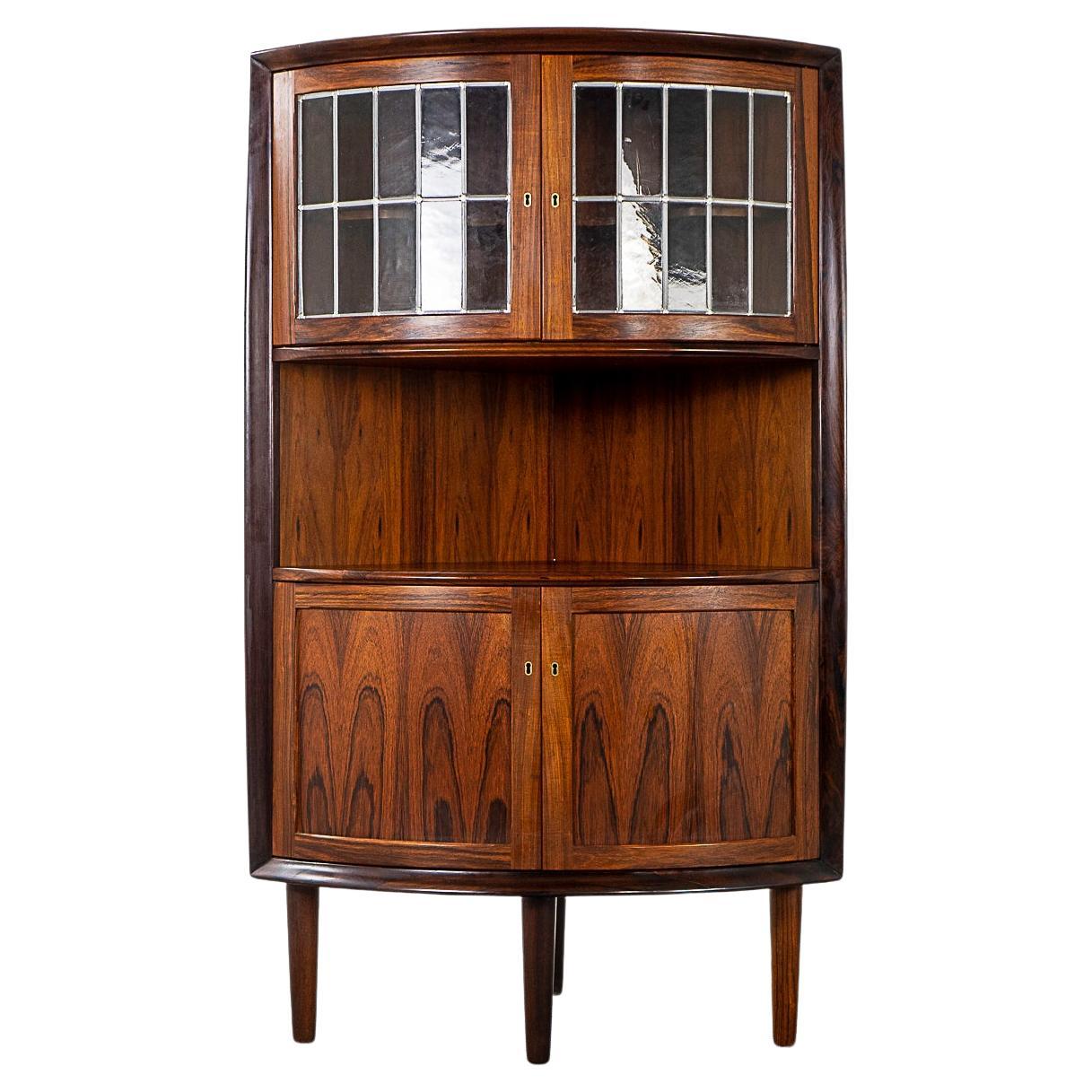 Danish Mid-Century Modern Rosewood & Stained Glass Corner Cabinet