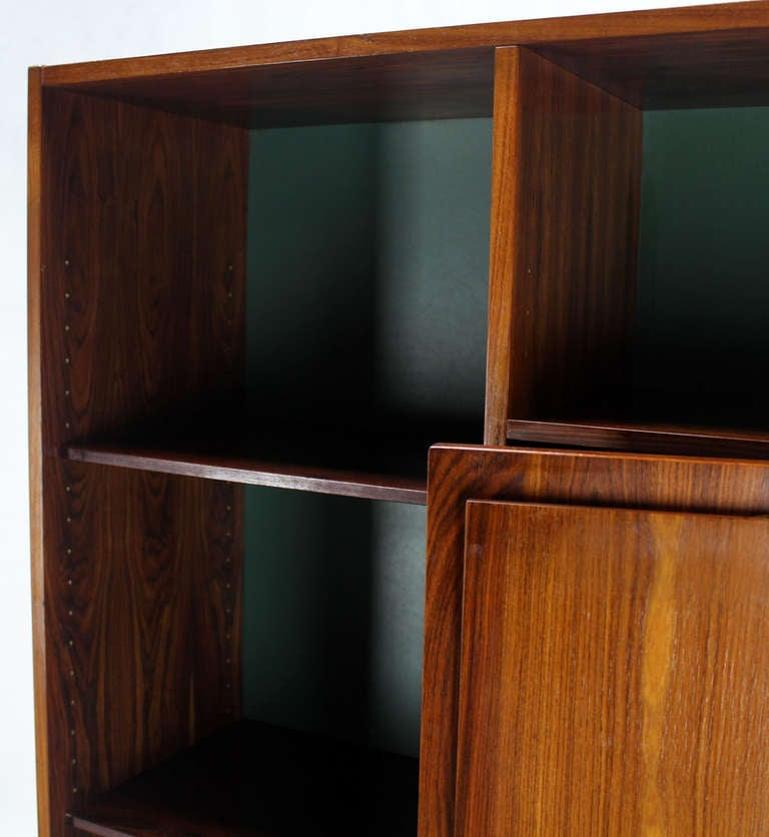Lacquered Danish Mid Century Modern Rosewood Wall Unit Shelves 3 Door Compartments MINT For Sale