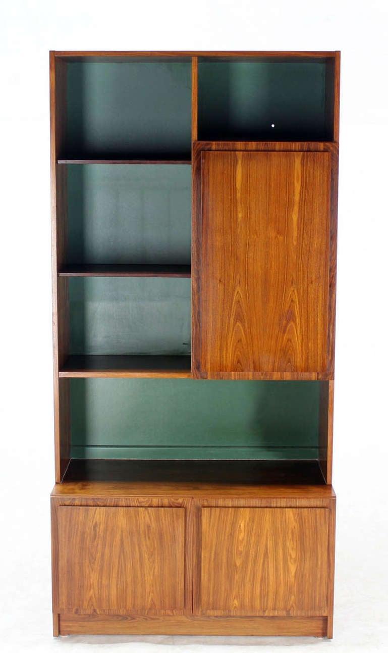 Danish Mid Century Modern Rosewood Wall Unit Shelves 3 Door Compartments MINT For Sale 1