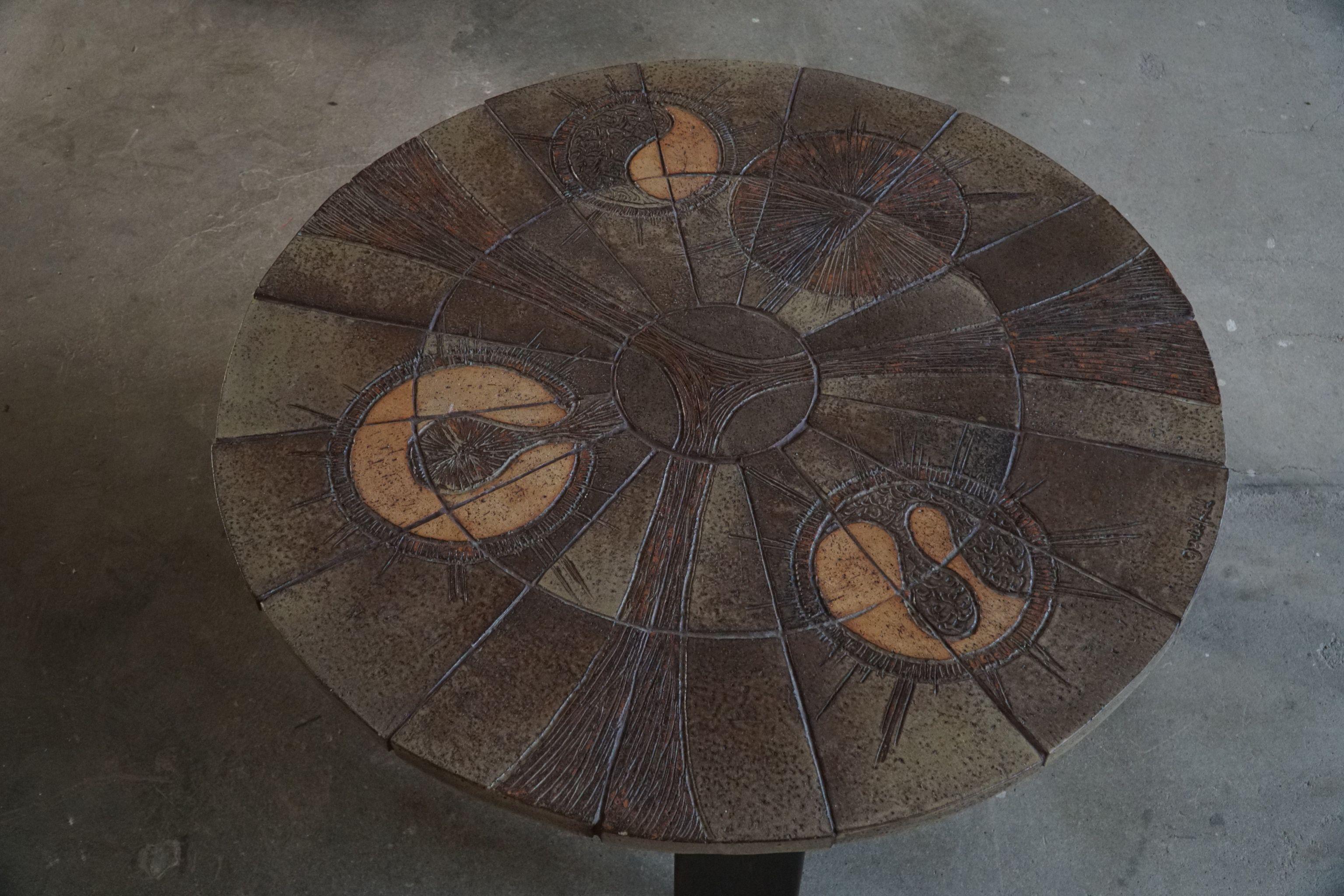 Hand-Crafted Danish Mid Century Modern, Round Coffee Table, Oak & Ceramic Tiles, , 1970s For Sale