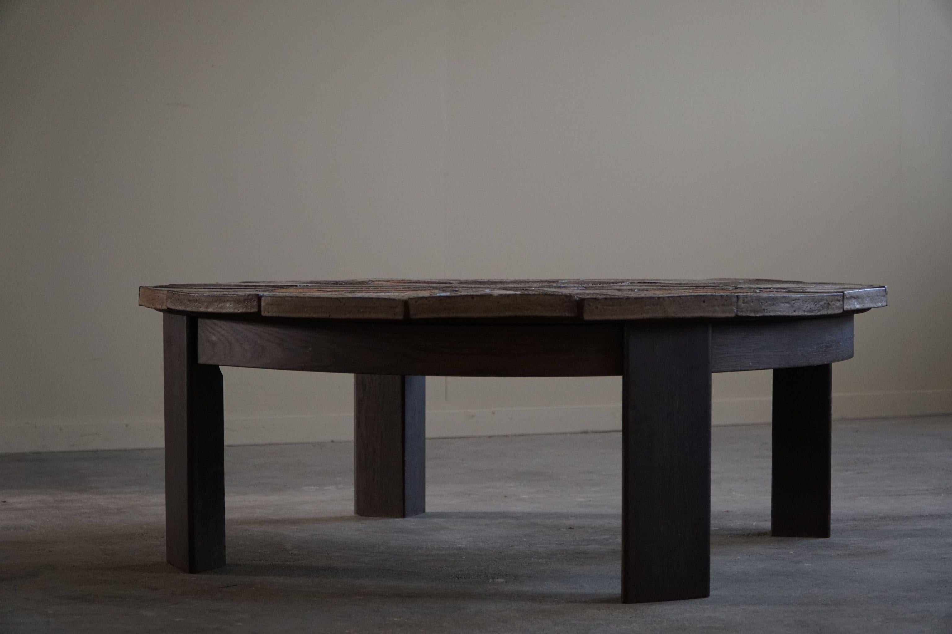 Danish Mid Century Modern, Round Coffee Table, Oak & Ceramic Tiles, , 1970s For Sale 1