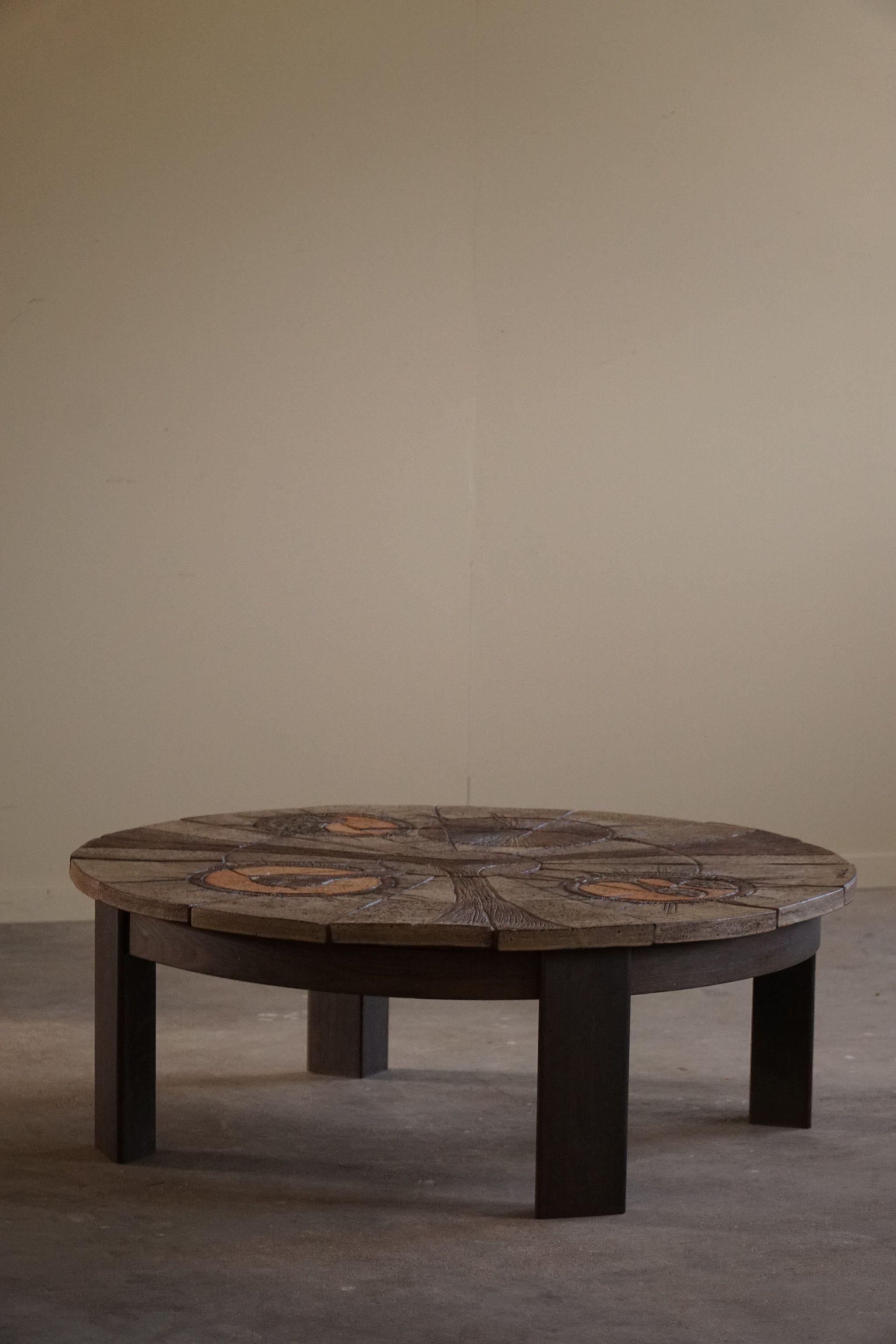 Danish Mid Century Modern, Round Coffee Table, Oak & Ceramic Tiles, , 1970s For Sale 3