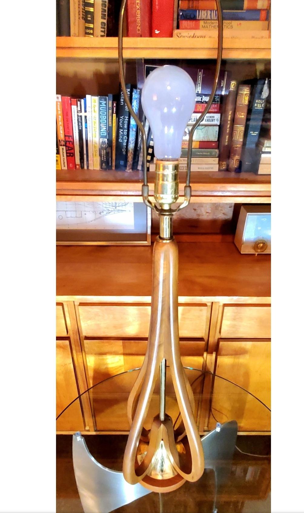 Danish Mid-Century Modern Sculptural Teak and Brass Lamp For Sale 2