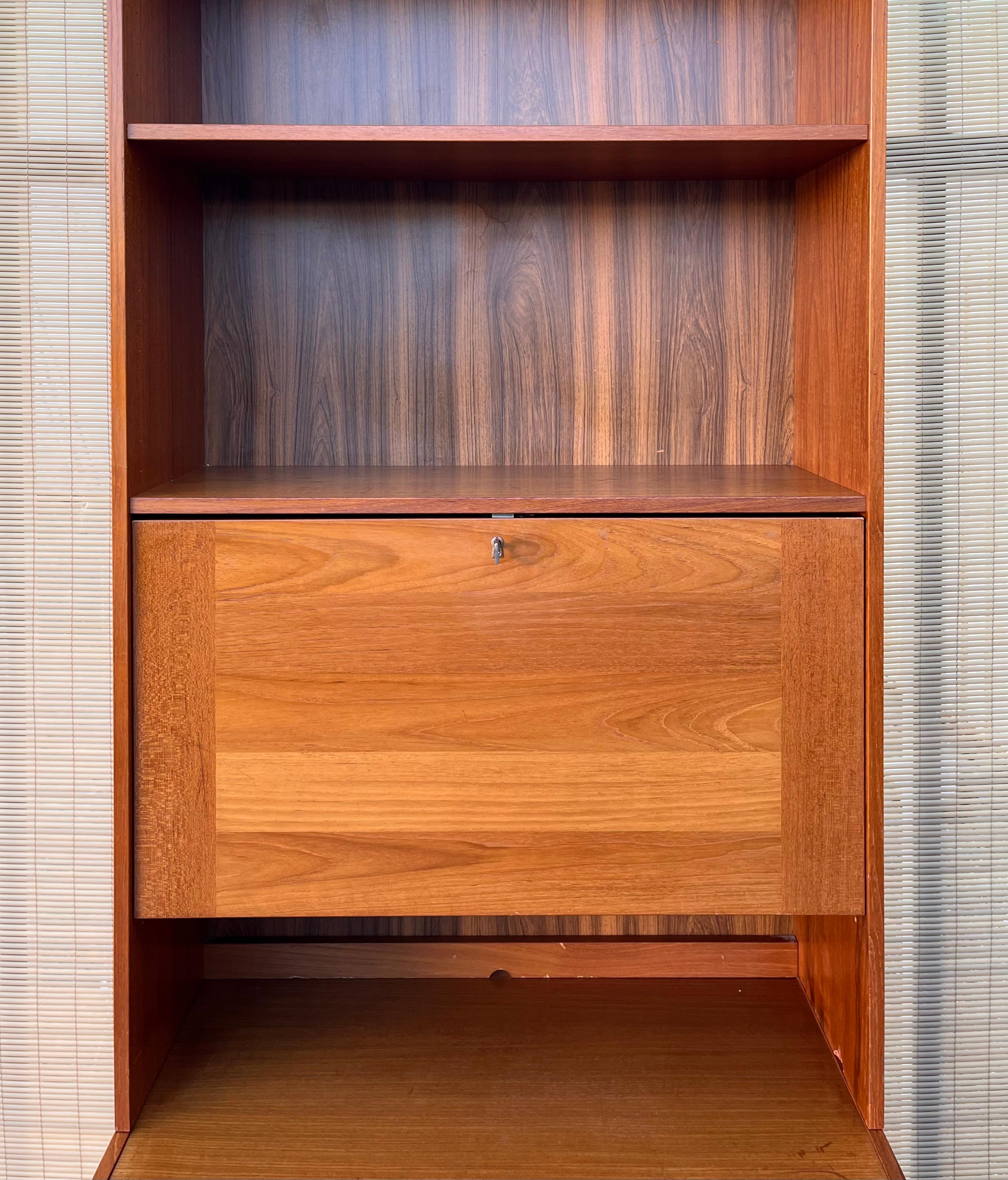 Teak Danish Mid Century Modern Drop Down Secretary Desk Cabinet by Domino Mobel For Sale