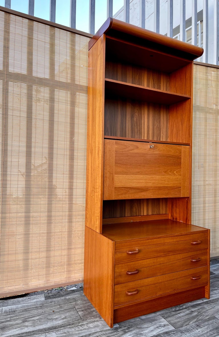 Veneer Danish Mid Century Modern Drop Down Secretary Desk Cabinet by Domino Mobel For Sale