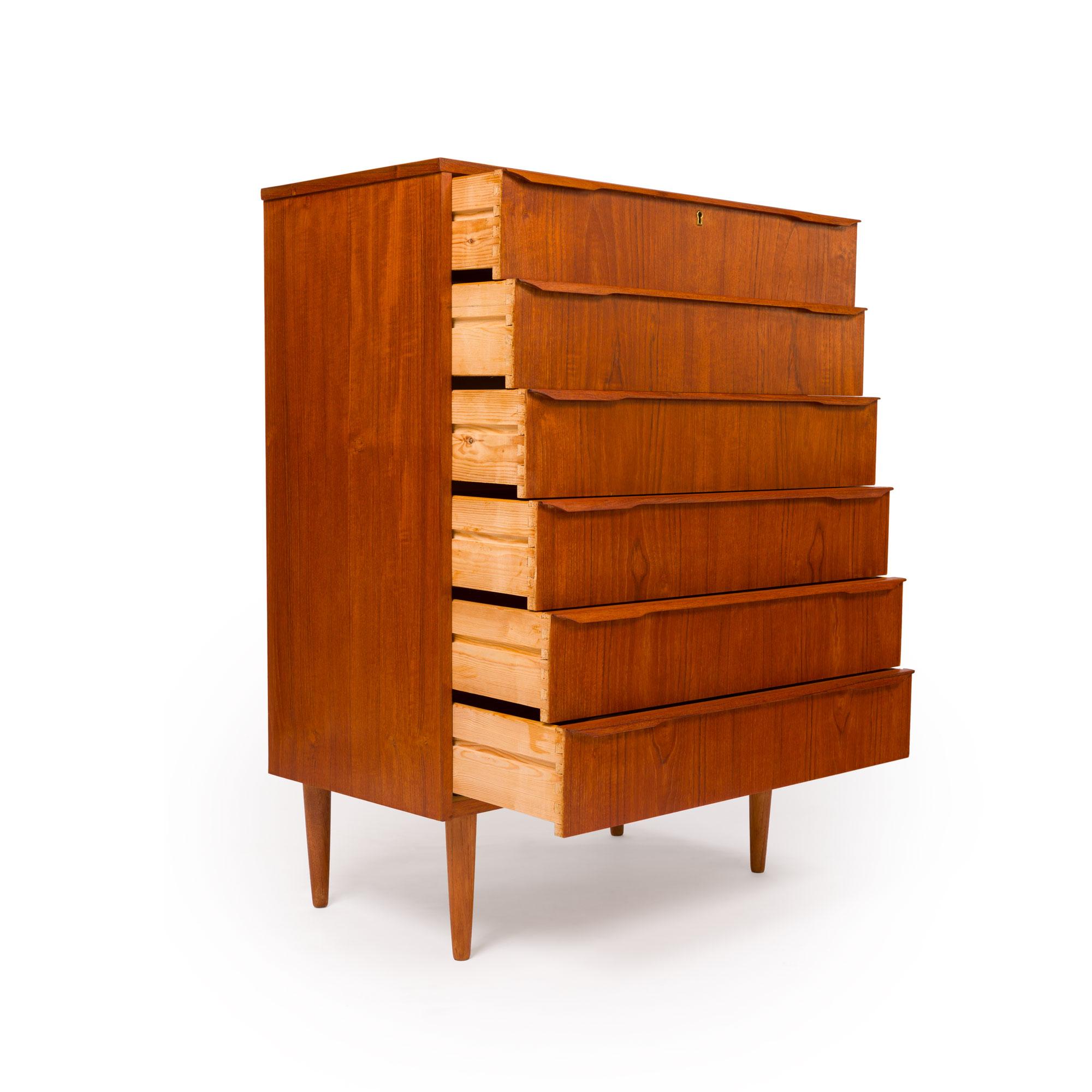 20th Century Danish Mid-Century Modern Six-Drawer Teak Tallboy Dresser 1960s For Sale