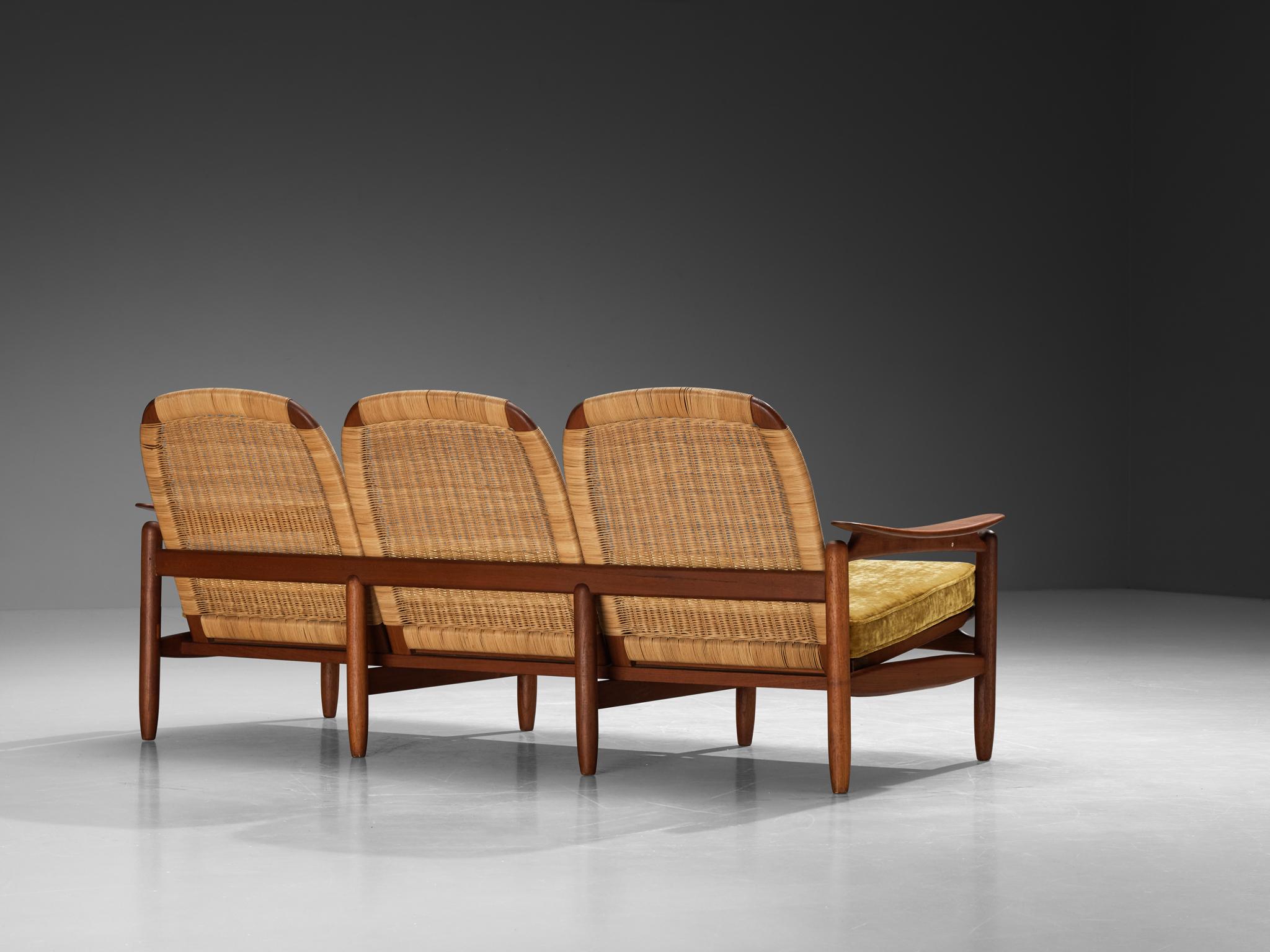 Scandinavo moderno Divano danese del Mid-Century Modern in tessuto di teak e canne in vendita