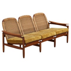 Danish Mid-Century Modern Sofa in Teak Fabric and Cane
