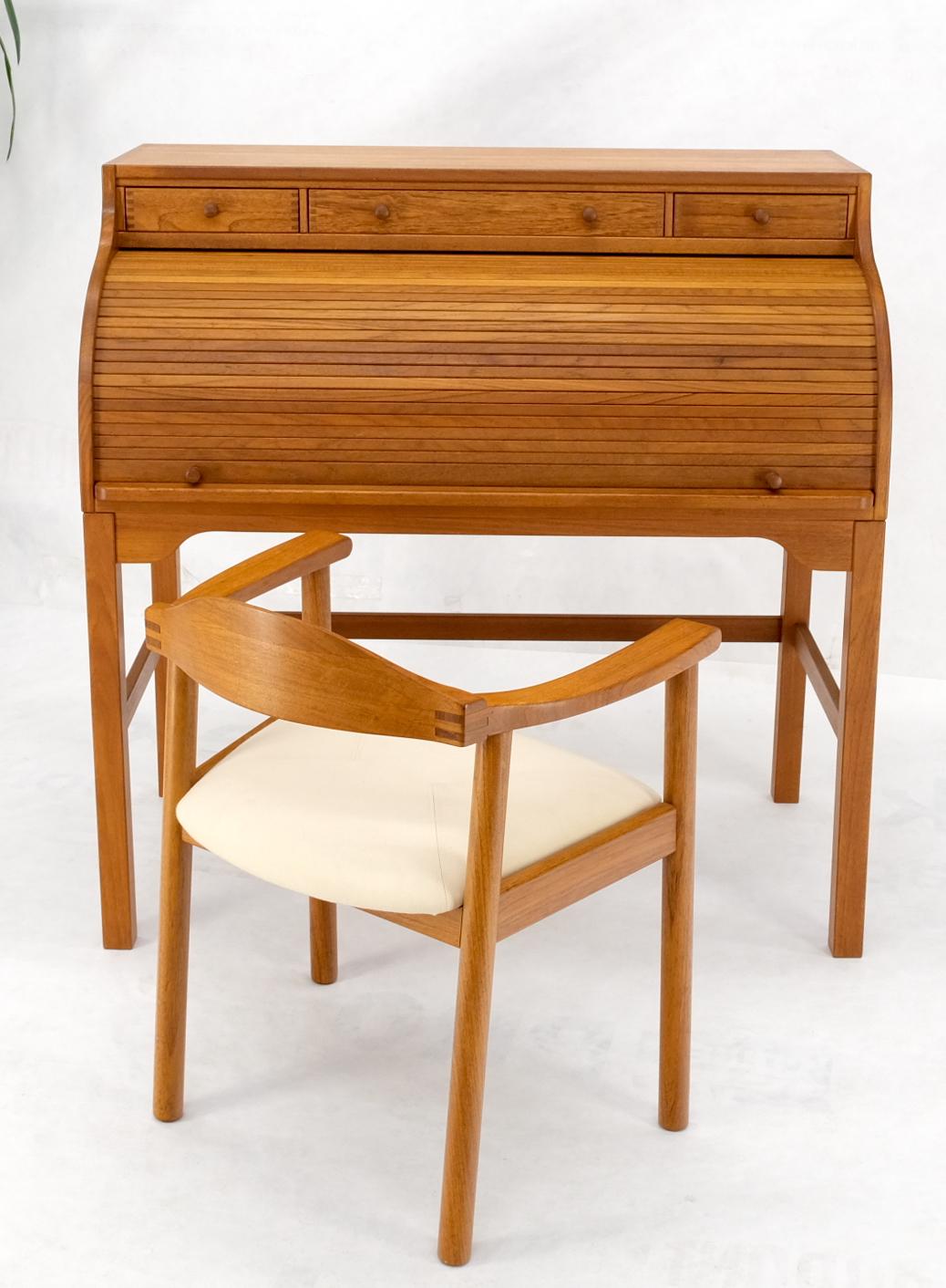 Danish Mid-Century Modern Solid Teak Pull Out Roll Top Desk Drawers Chair Mint 2