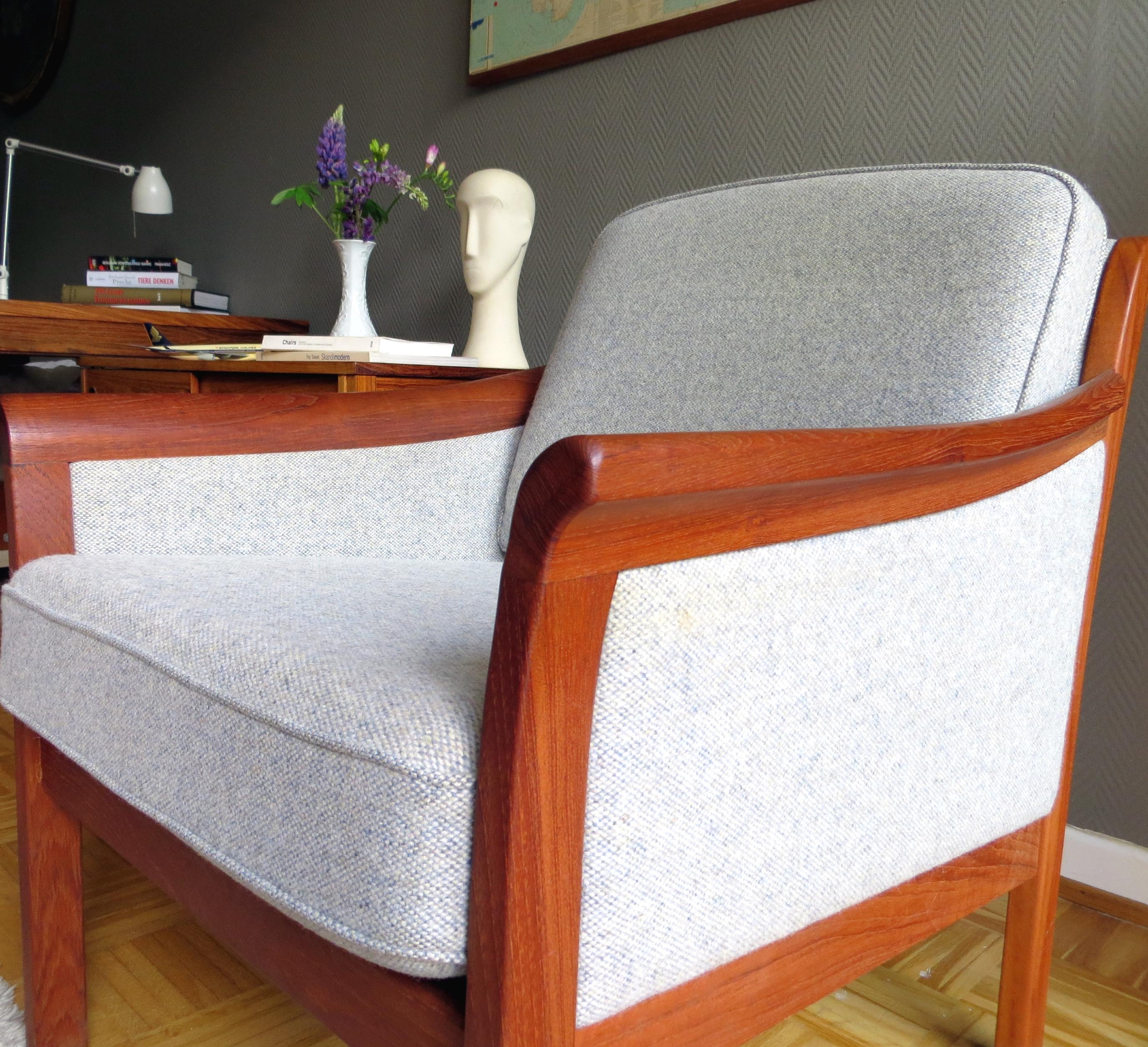 Danish Mid-Century Modern Solid Teak & Wool Easy Chairs Set in Grey-Beige, 1960s For Sale 7