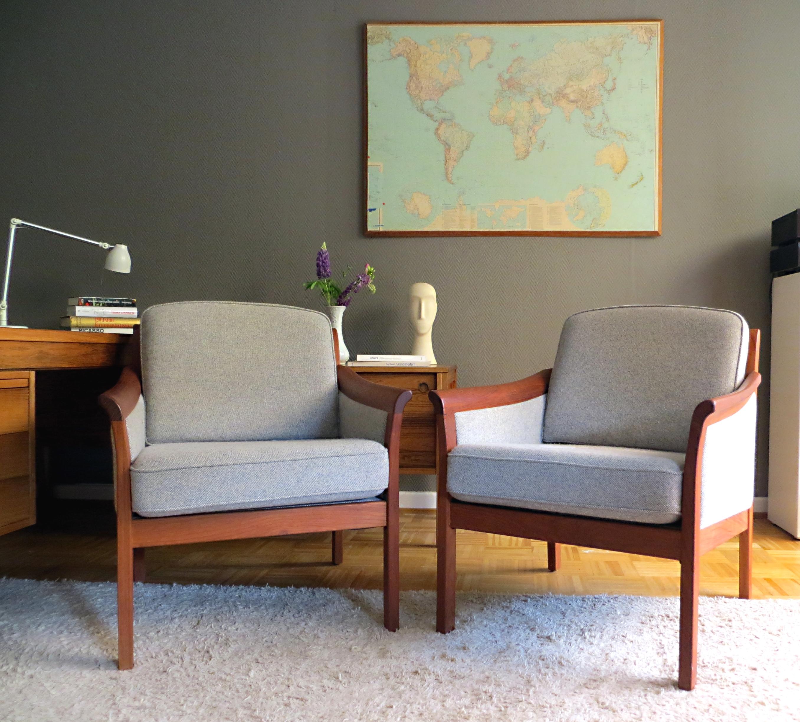 Scandinavian Modern Danish Mid-Century Modern Solid Teak & Wool Easy Chairs Set in Grey-Beige, 1960s For Sale