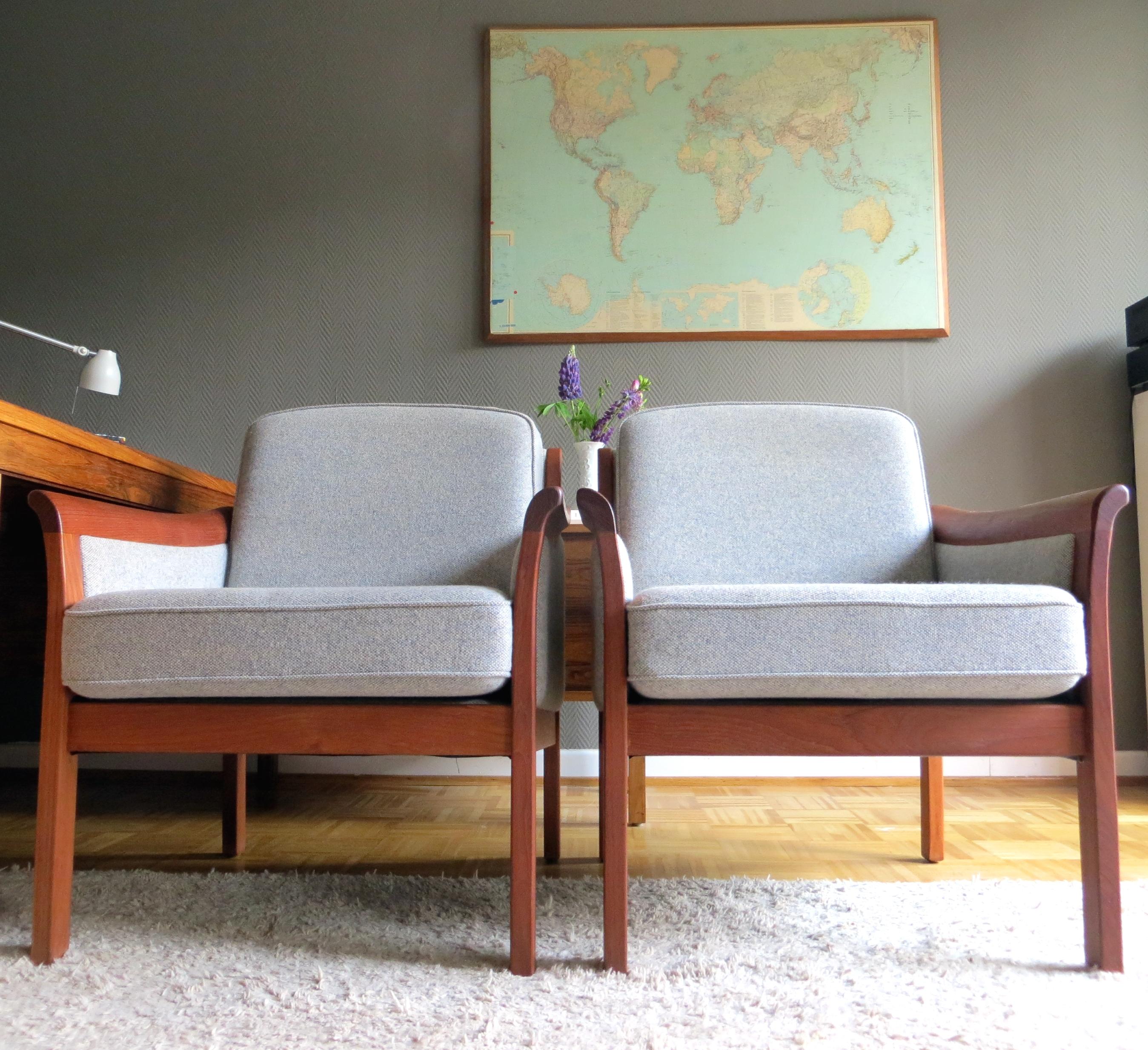 Danish Mid-Century Modern Solid Teak & Wool Easy Chairs Set in Grey-Beige, 1960s In Good Condition For Sale In Hamburg, DE