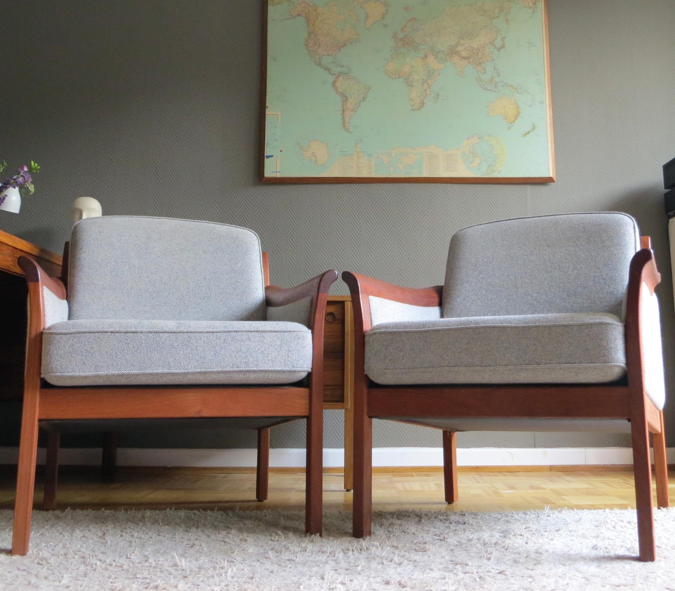 20th Century Danish Mid-Century Modern Solid Teak & Wool Easy Chairs Set in Grey-Beige, 1960s For Sale