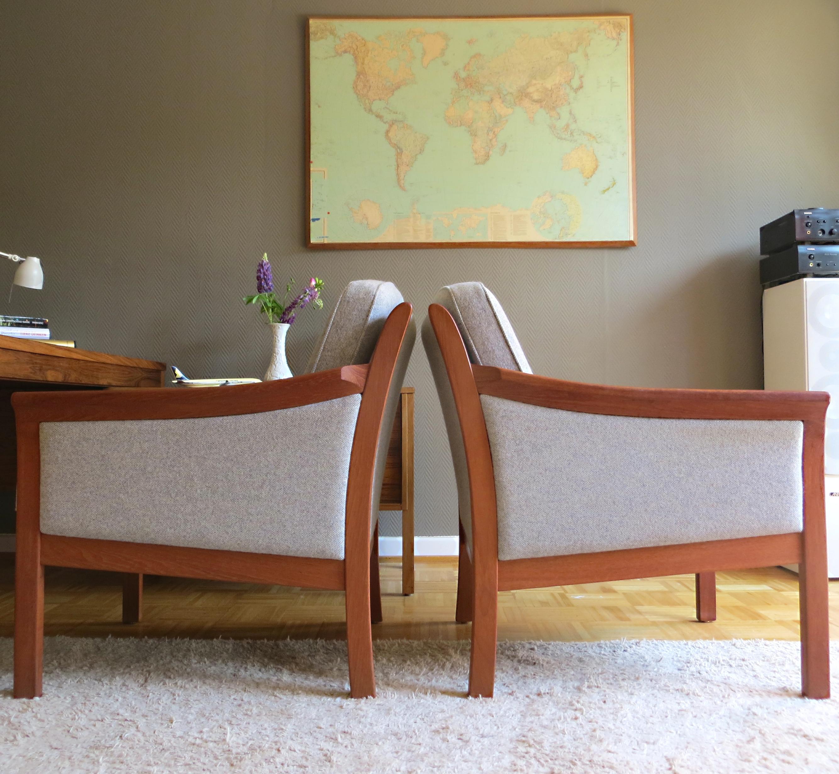 Danish Mid-Century Modern Solid Teak & Wool Easy Chairs Set in Grey-Beige, 1960s For Sale 1