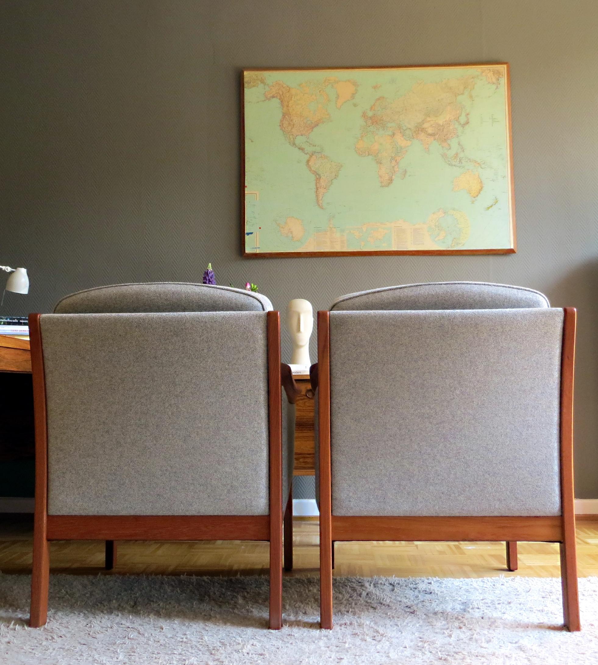 Danish Mid-Century Modern Solid Teak & Wool Easy Chairs Set in Grey-Beige, 1960s For Sale 2