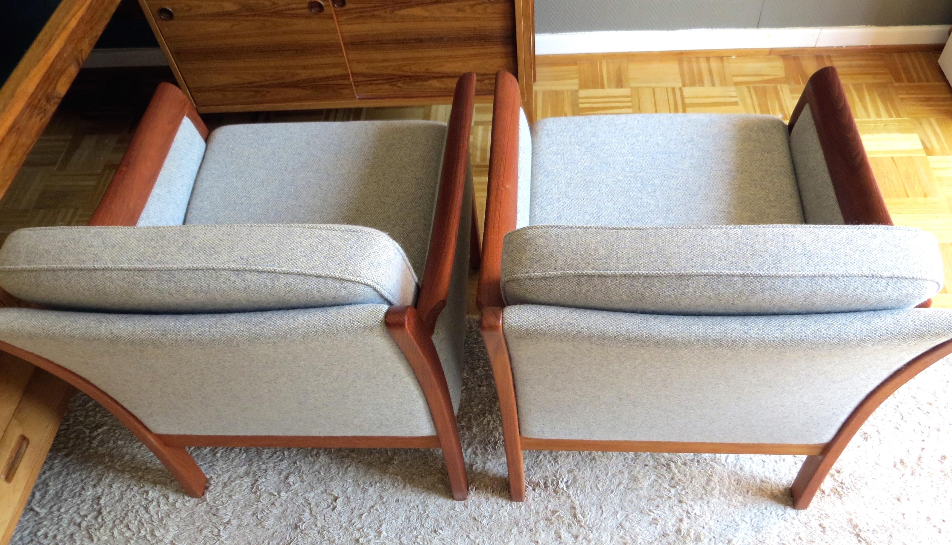 Danish Mid-Century Modern Solid Teak & Wool Easy Chairs Set in Grey-Beige, 1960s For Sale 3