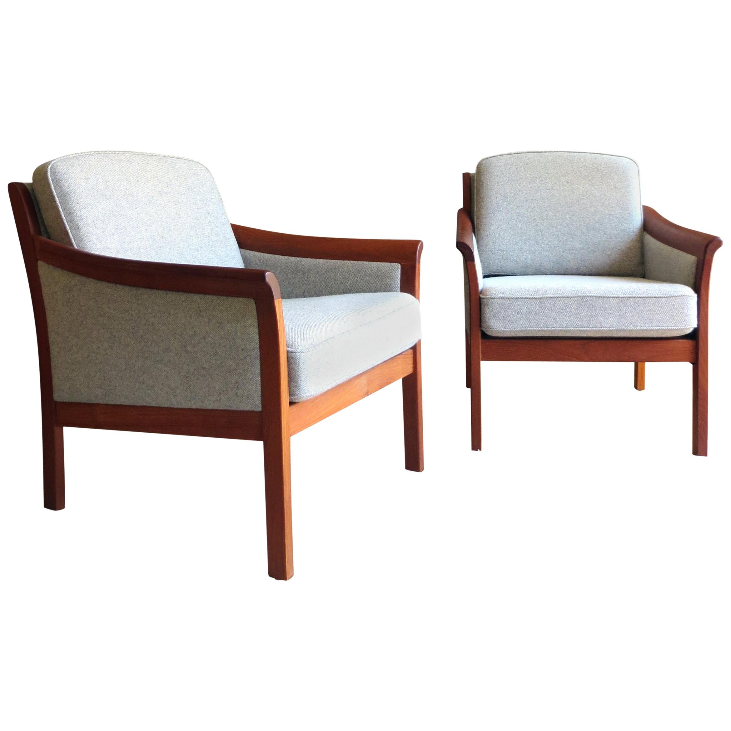 Danish Mid-Century Modern Solid Teak & Wool Easy Chairs Set in Grey-Beige, 1960s For Sale