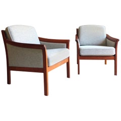 Danish Mid-Century Modern Solid Teak & Wool Easy Chairs Set in Grey-Beige, 1960s