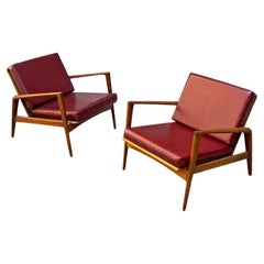 Danish Mid Century Modern Solid Wood and Bordeaux Faux Leather Armchairs, 1960s